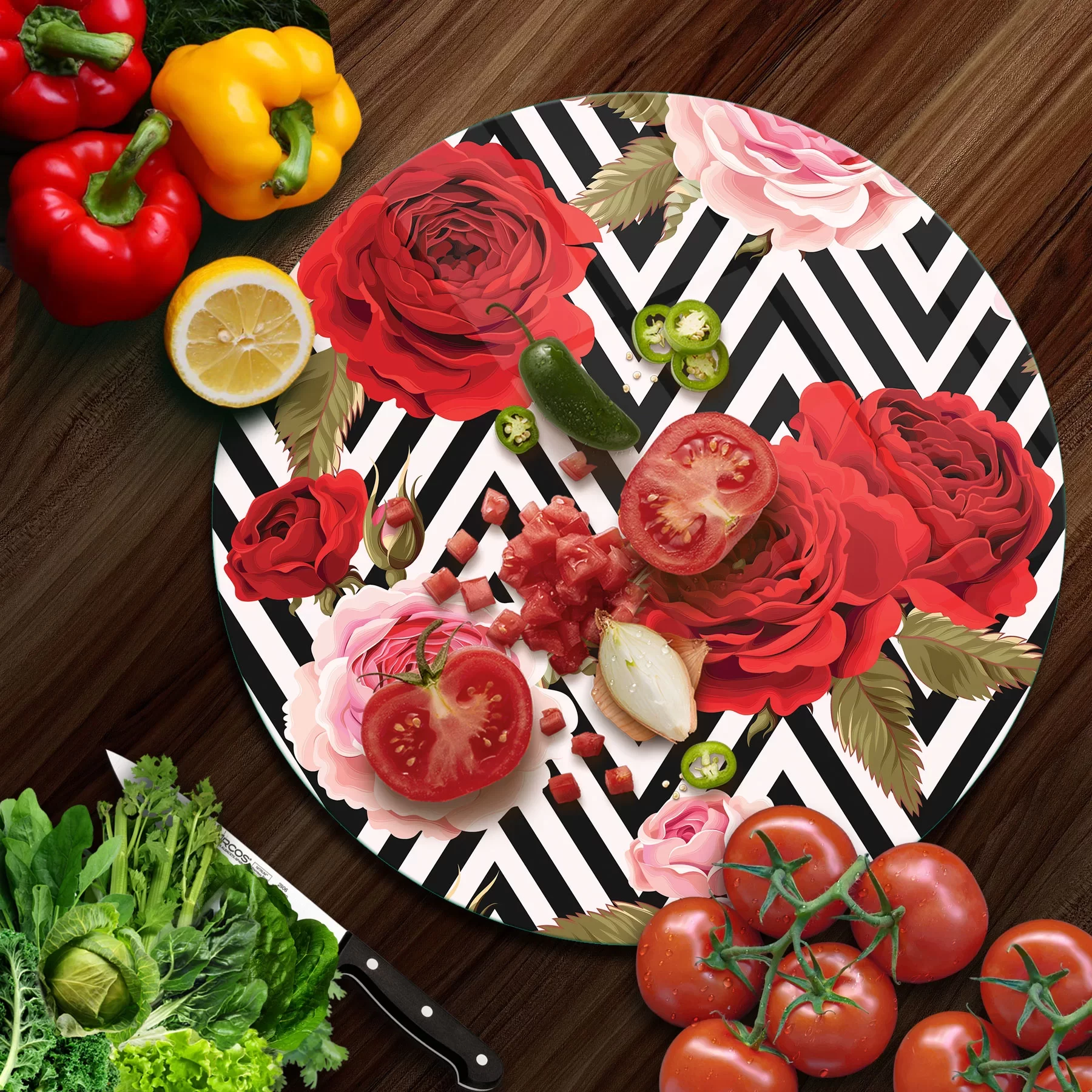 Picture of Decovetro Cam Kesme Tahtası ve Sunumluk Yuvarlak Karma Gül Desenli 30x30 Cm