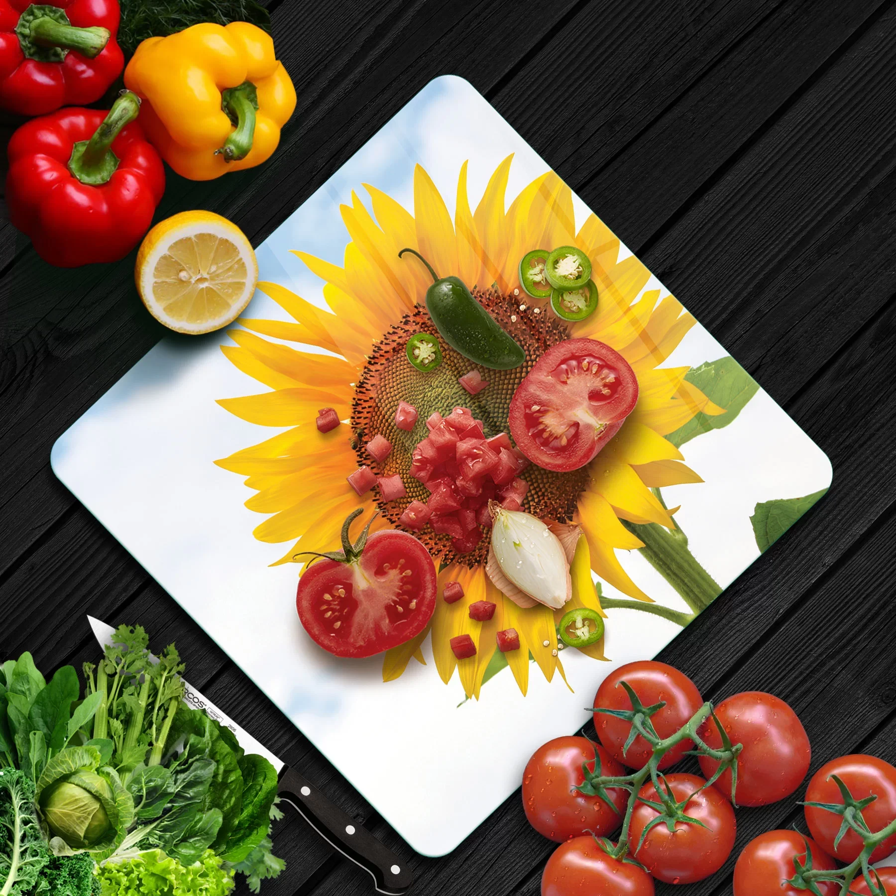 Picture of Decovetro Cam Kesme Tahtası ve Sunumluk Kare Ayçiçeği Desenli 30x30 Cm