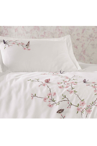 Picture of Butterfly 3d Nakışlı Pamuk Saten Nevresim Takımı Krem Pudra