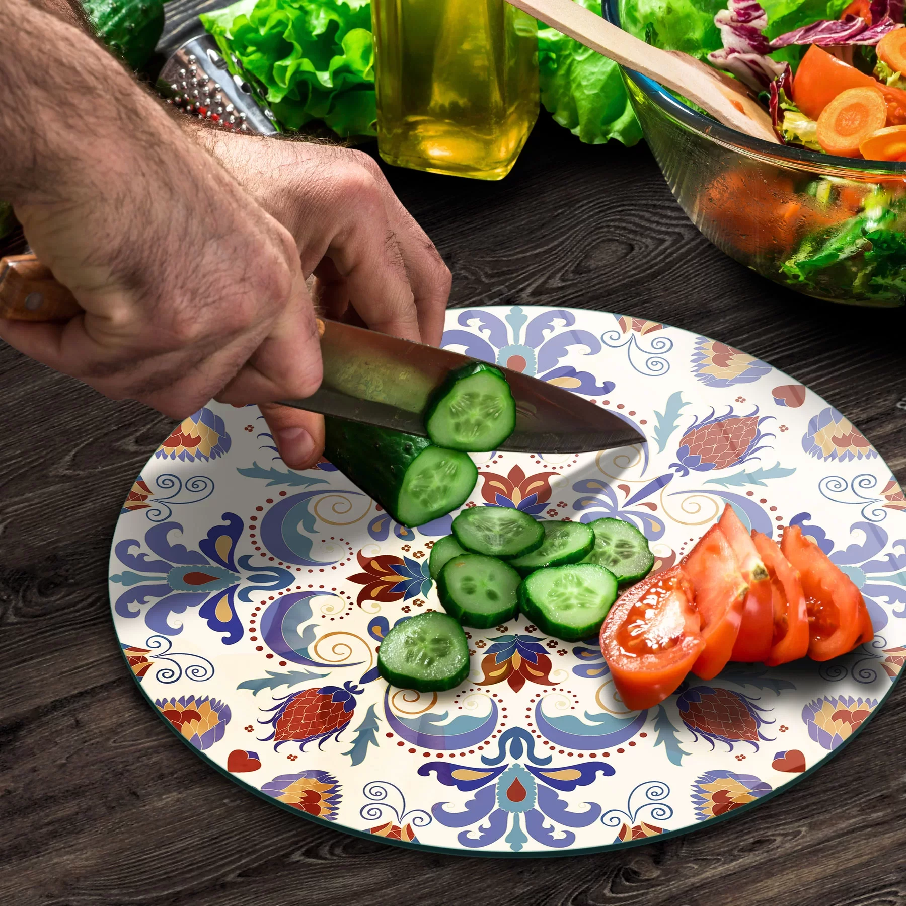 Picture of Decovetro Cam Kesme Tahtası ve Sunumluk Yuvarlak Çini Motifi Desenli 30x30 Cm