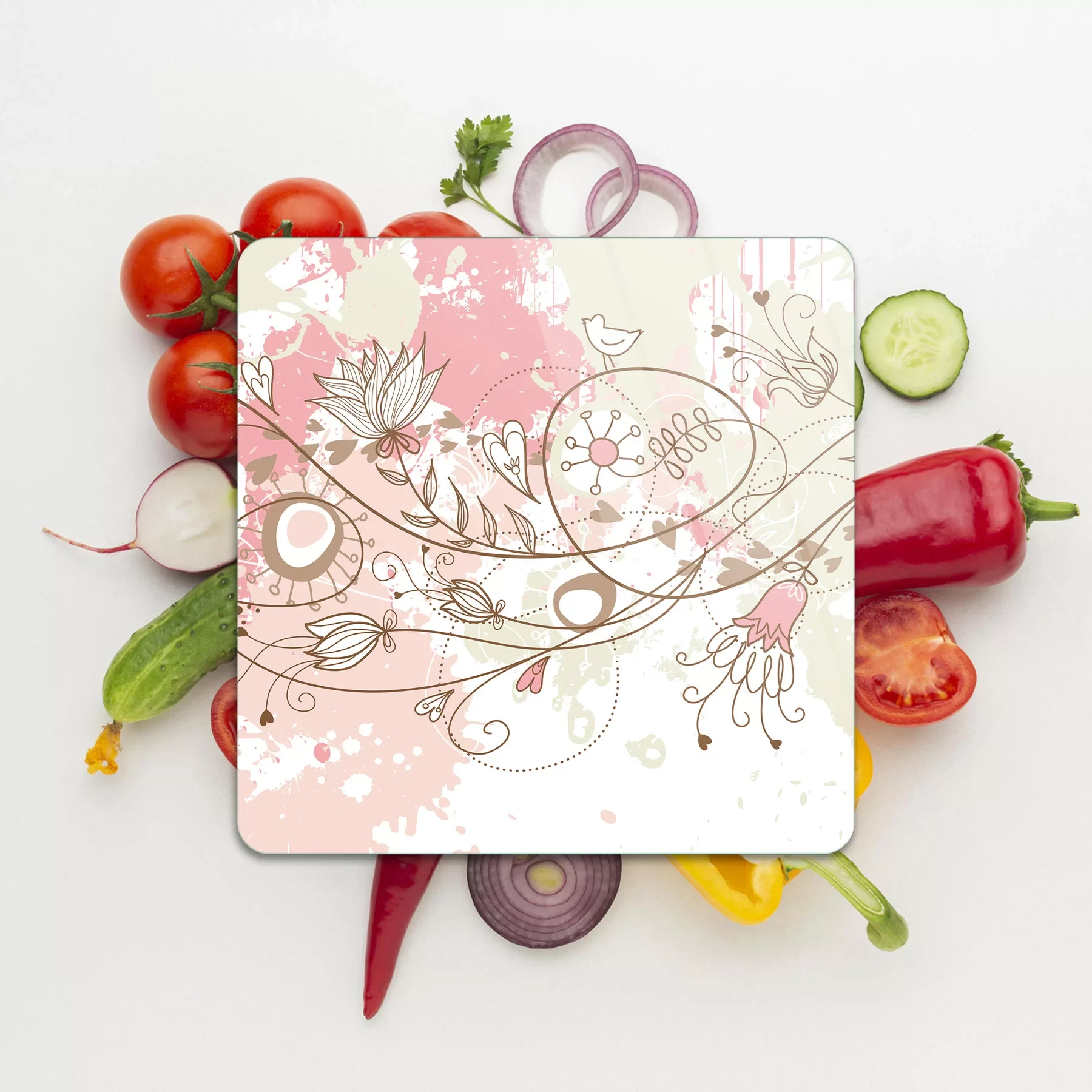 Picture of Decovetro Cam Kesme Tahtası ve Sunumluk Kare Sarmaşık Çiçeği Desenli 30x30 Cm