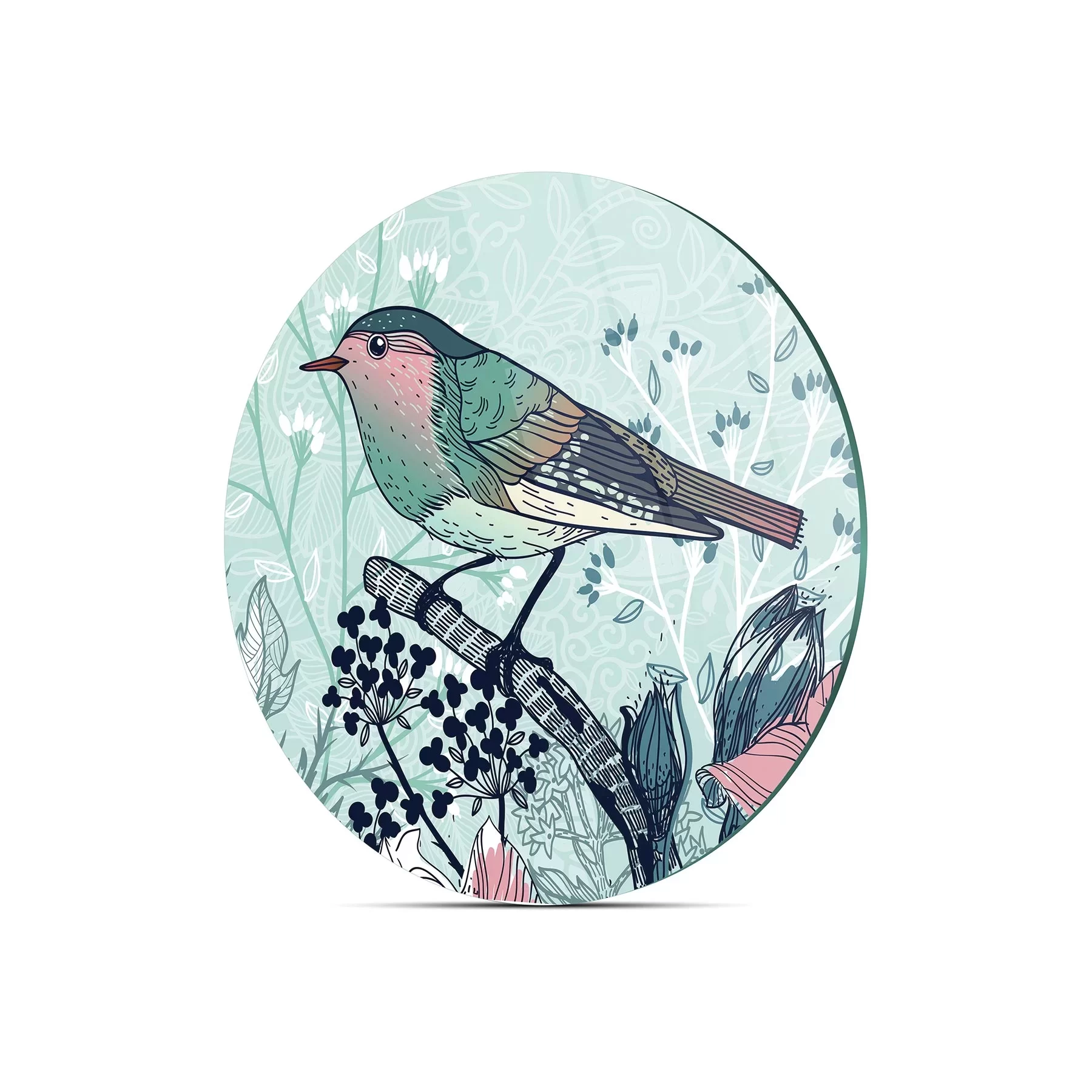 Picture of Decovetro Cam Kesme Tahtası ve Sunumluk Yuvarlak Kuş Çiçek Desenli 30x30 Cm