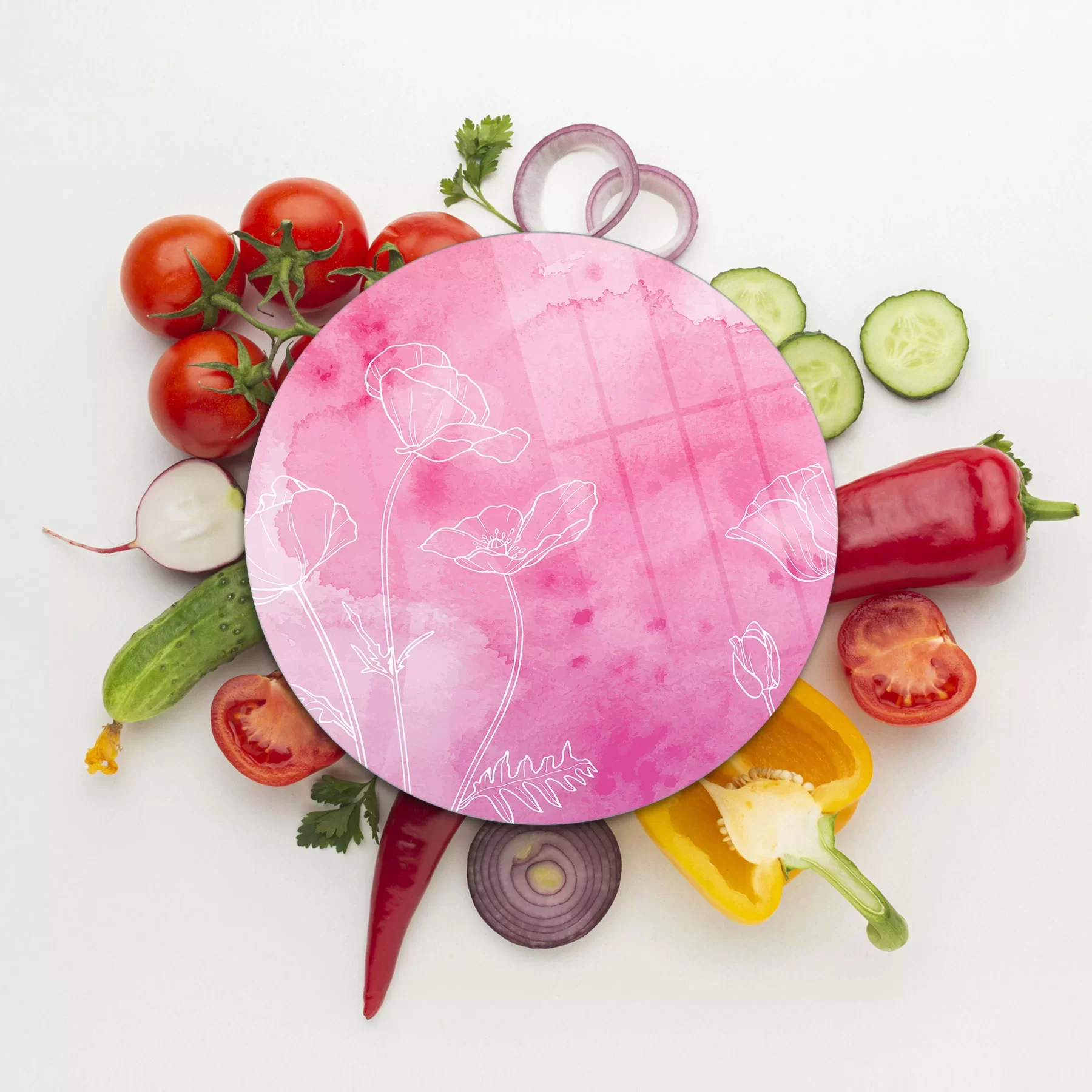 Picture of Decovetro Cam Kesme Tahtası ve Sunumluk Yuvarlak Pembe Çiçek Desenli 30x30 Cm