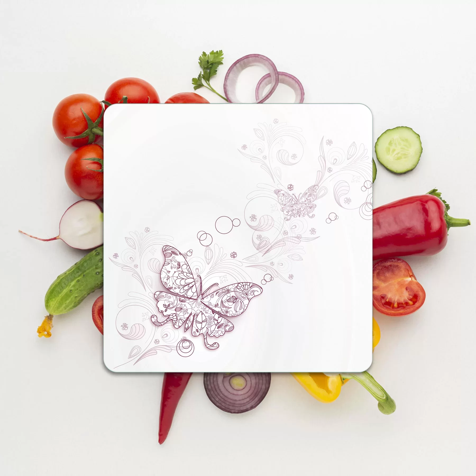 Picture of Decovetro Cam Kesme Tahtası ve Sunumluk Kare Vintage Kelebek Desenli 30x30 Cm