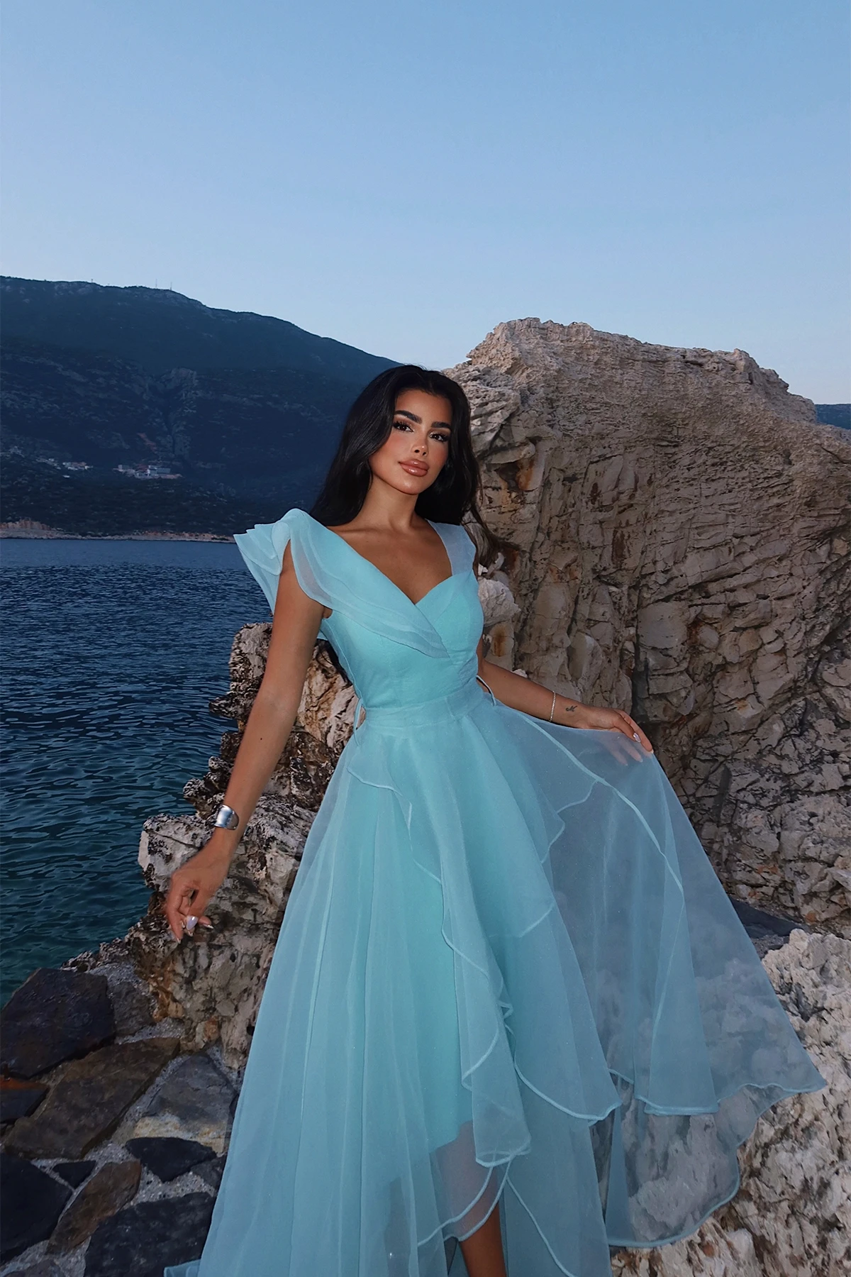 Picture of Turquoise Tulle Detail Long Evening Dress