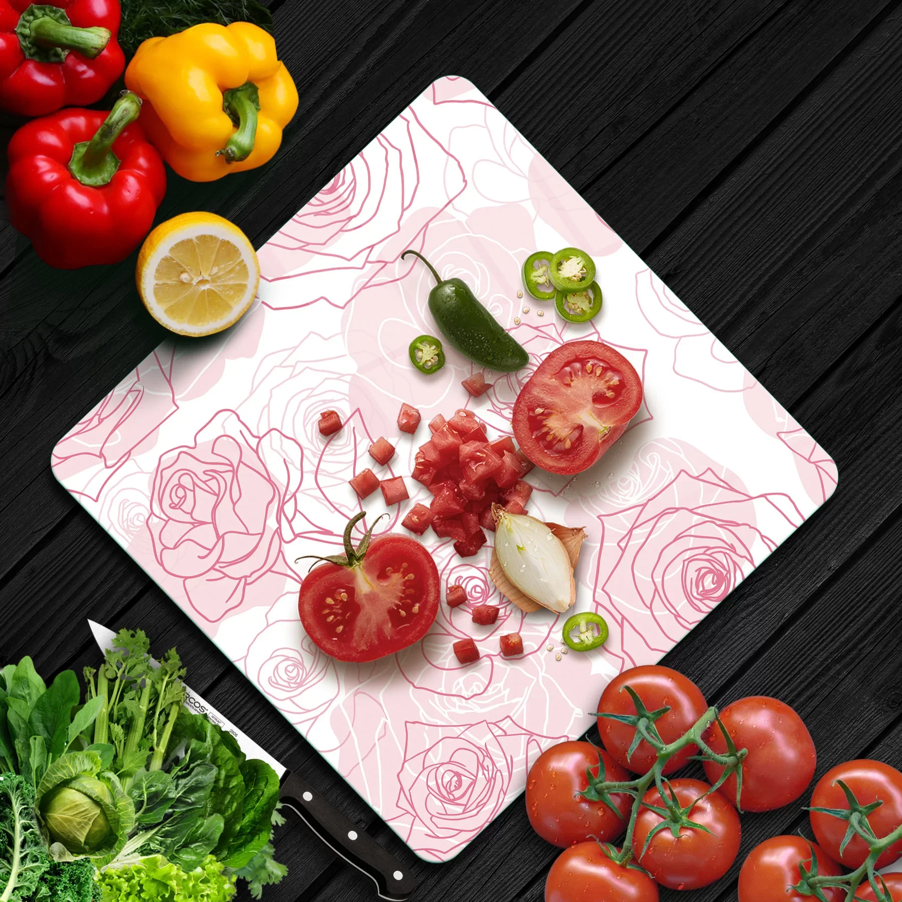 Picture of Decovetro Cam Kesme Tahtası ve Sunumluk Kare Çizgi Pembe Gül Desenli 30x30 Cm