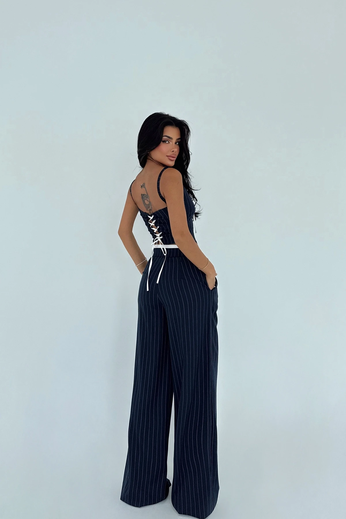 Picture of Navy Blue Striped Trouser Suit