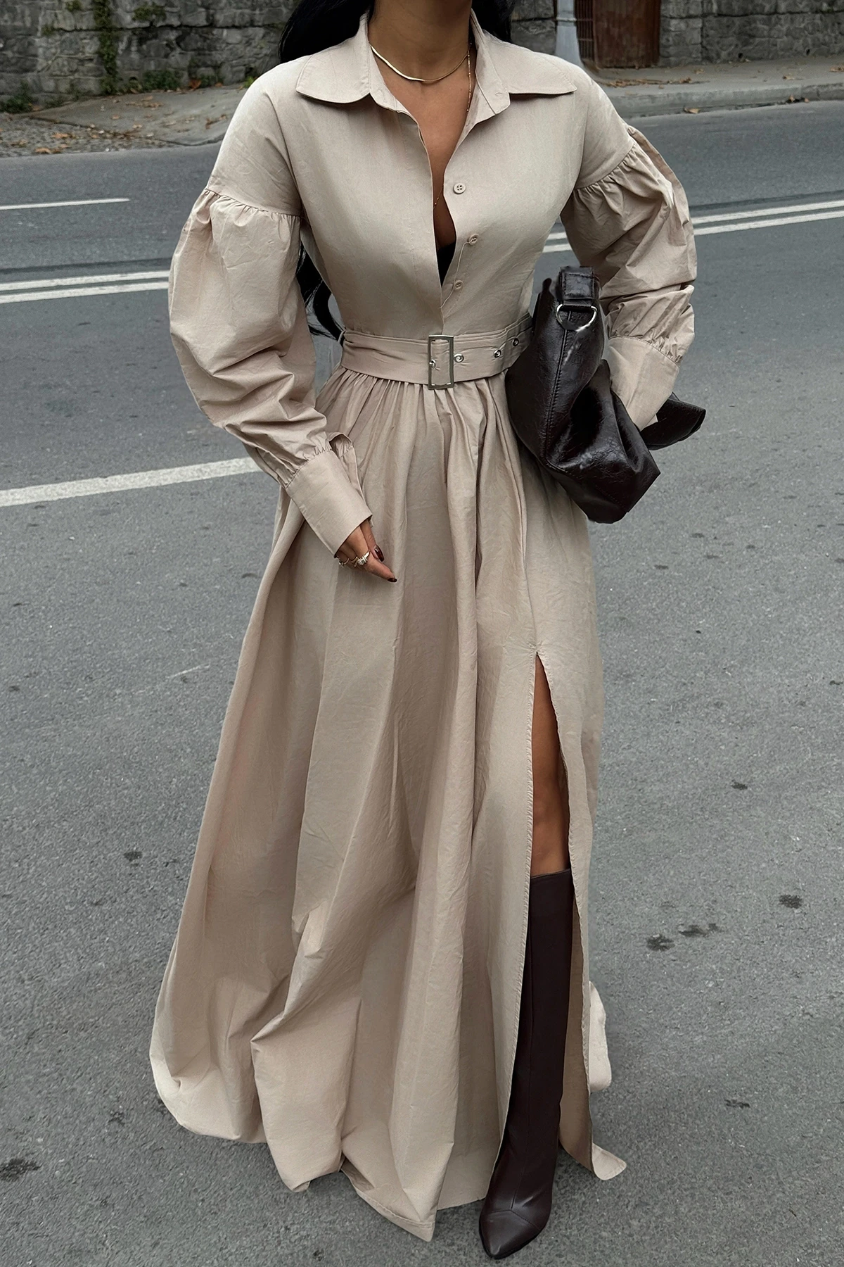 Picture of Beige Belt Detail Long Dress