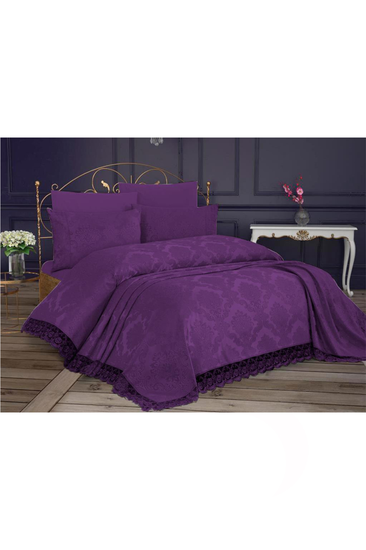 Picture of Fransız Dantelli Kure Tek Kişilik Yatak Örtüsü 2 Parça Mürdüm