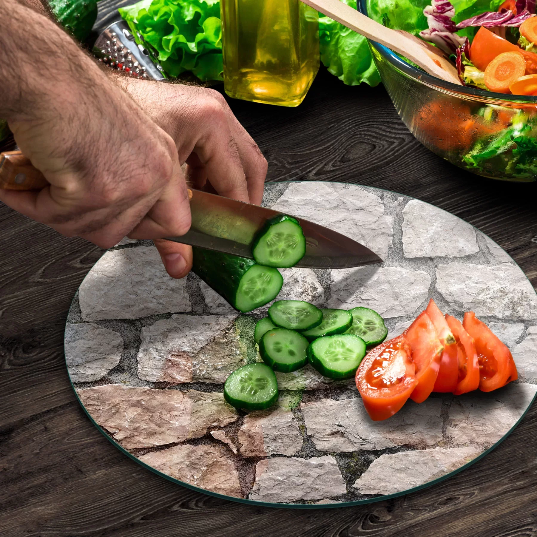 Picture of Decovetro Cam Kesme Tahtası ve Sunumluk Yuvarlak Taş Duvar Desenli 30x30 Cm