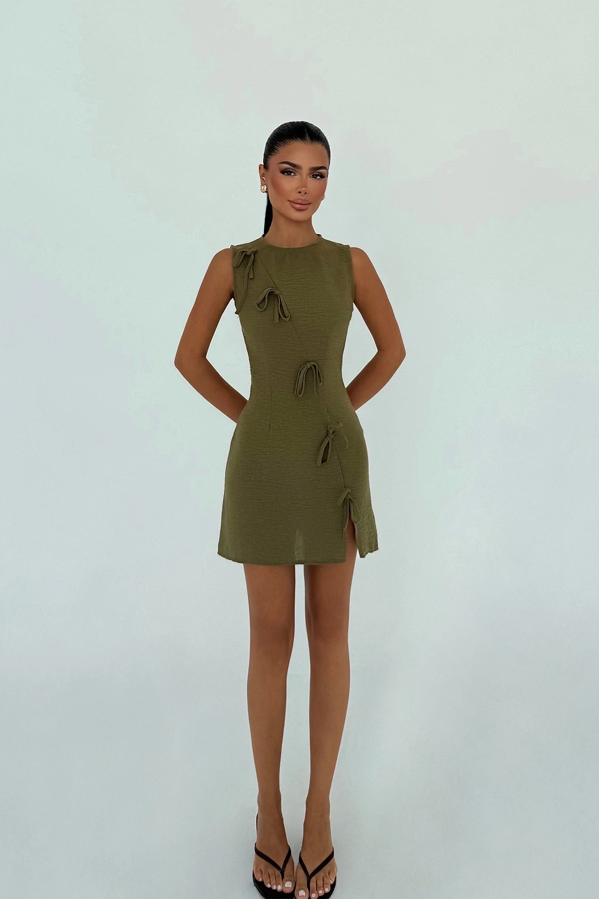 Picture of Khaki Kathy Mini Bow Dress