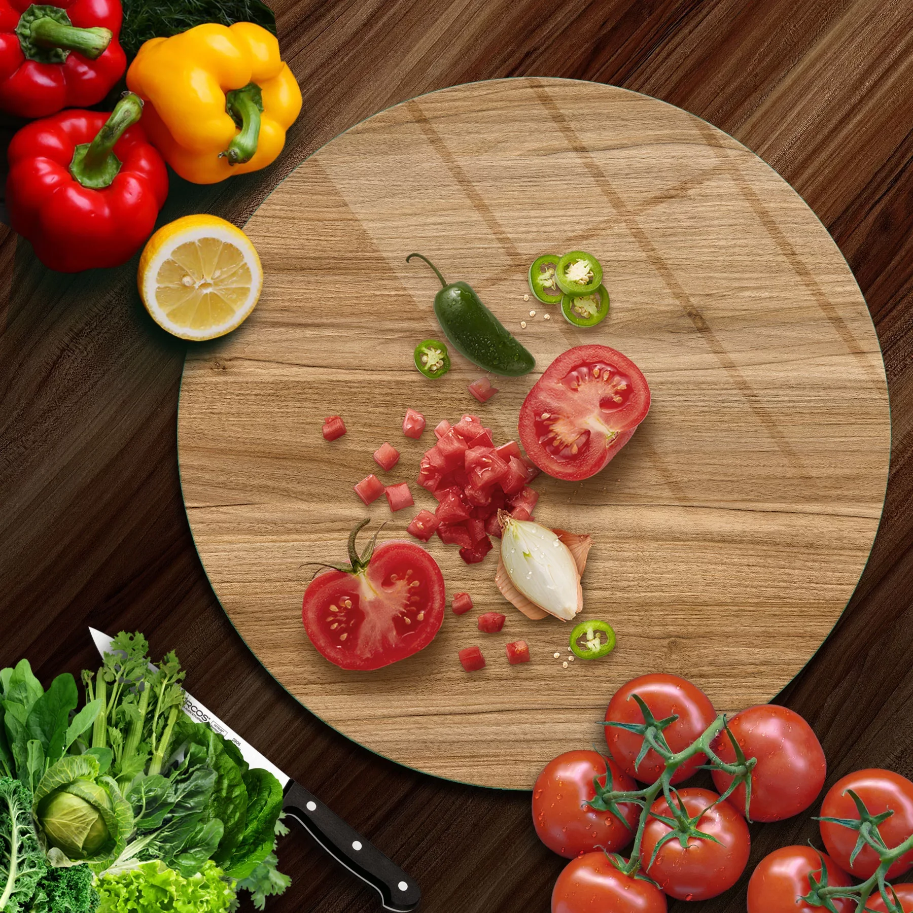 Picture of Decovetro Cam Kesme Tahtası ve Sunumluk Yuvarlak Açık Ahşap Meşe Desenli 30x30 Cm