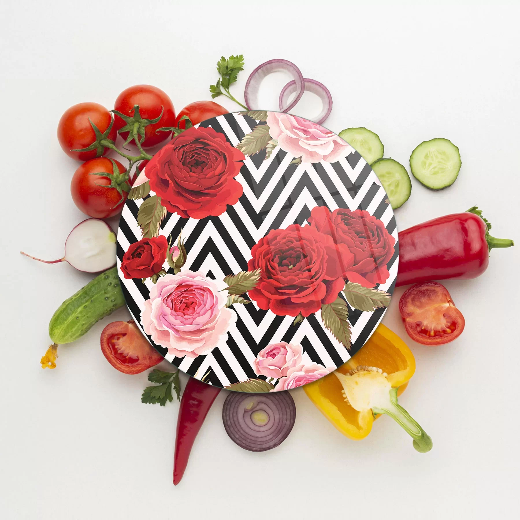 Picture of Decovetro Cam Kesme Tahtası ve Sunumluk Yuvarlak Karma Gül Desenli 30x30 Cm