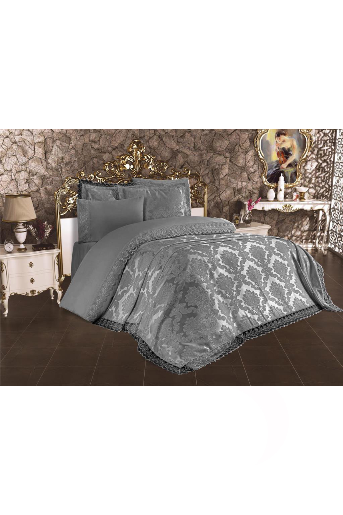 Picture of Fransız Dantelli Lalezar Gelin Seti 7 Parça Gri