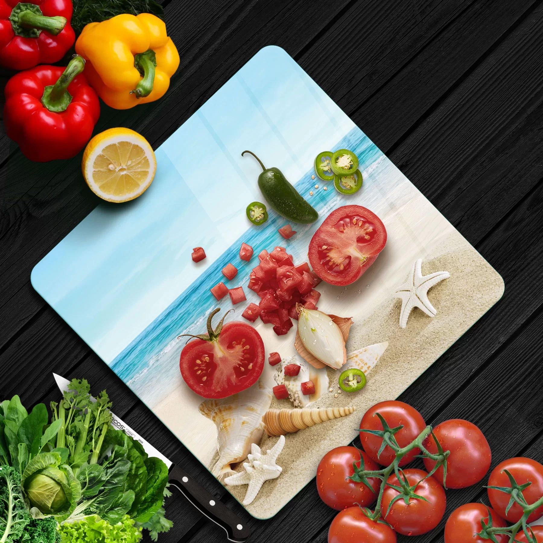 Picture of Decovetro Cam Kesme Tahtası ve Sunumluk Kare Sahil Deniz Yıldızı Görünümlü 30x30 Cm