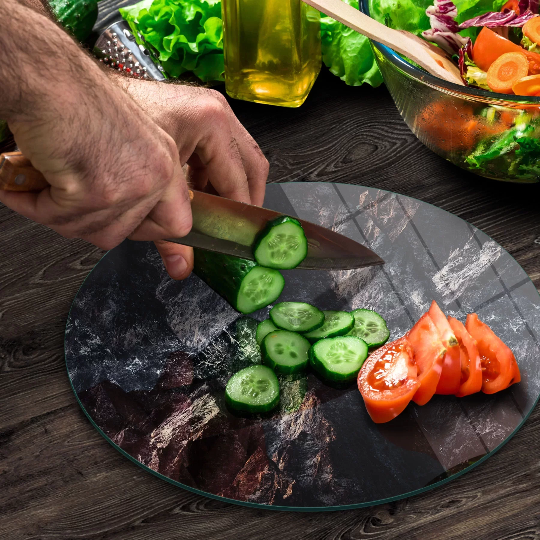 Picture of Decovetro Cam Kesme Tahtası ve Sunumluk Yuvarlak Doğal Taş Desenli 30x30 Cm