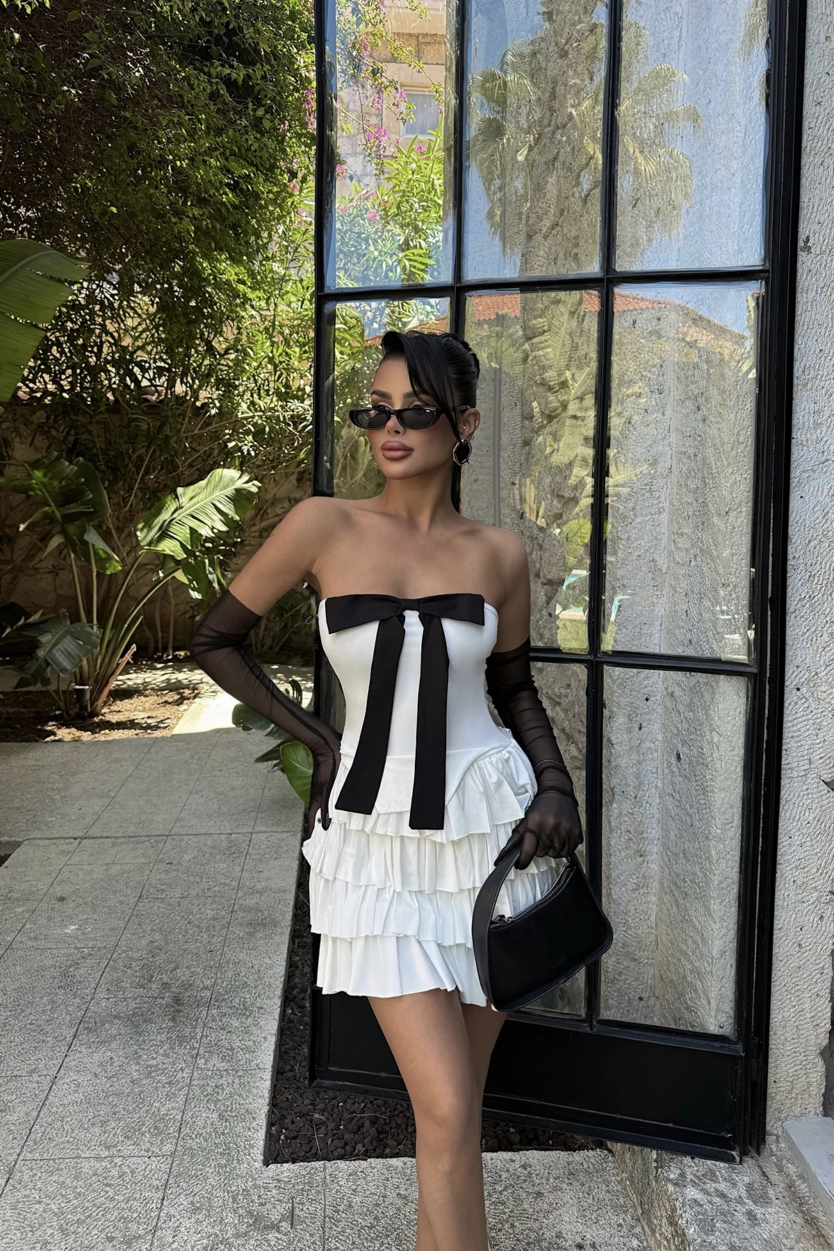 Picture of White Ramblas Mini Ruffle Dress with Glove Detail