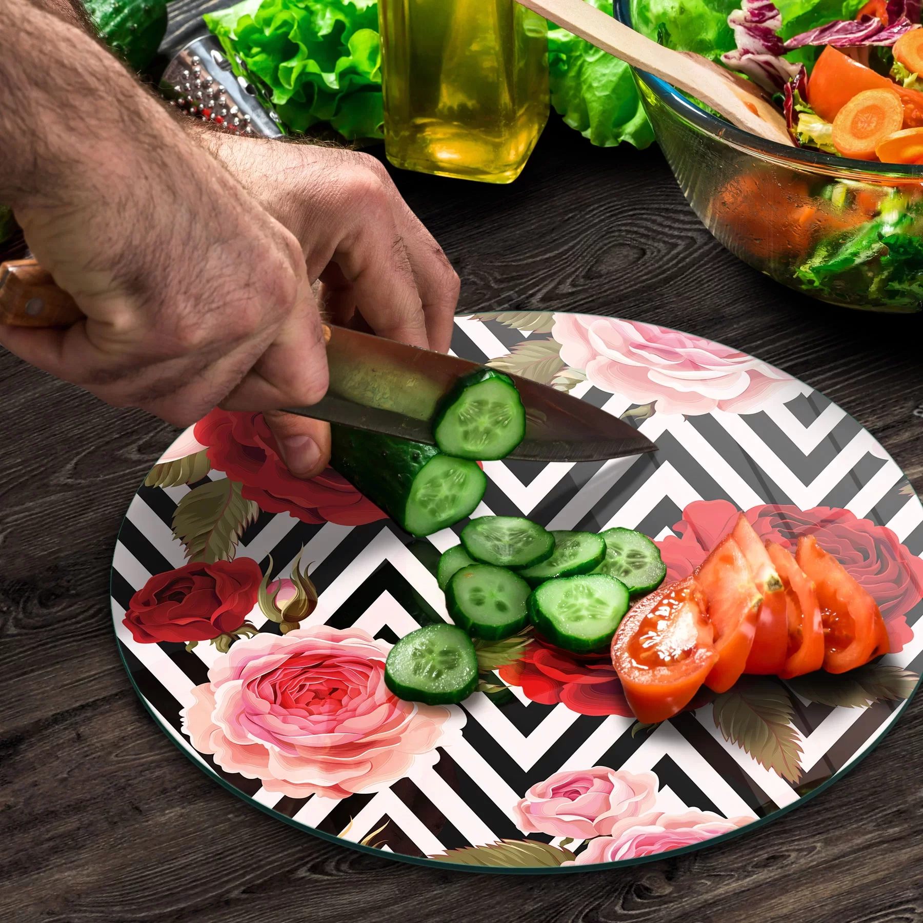 Picture of Decovetro Cam Kesme Tahtası ve Sunumluk Yuvarlak Karma Gül Desenli 30x30 Cm