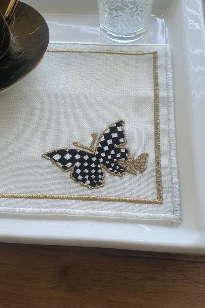 Picture of Kelebek Nakışlı Keten Kare Bardak Altlığı Seti 6 Lı