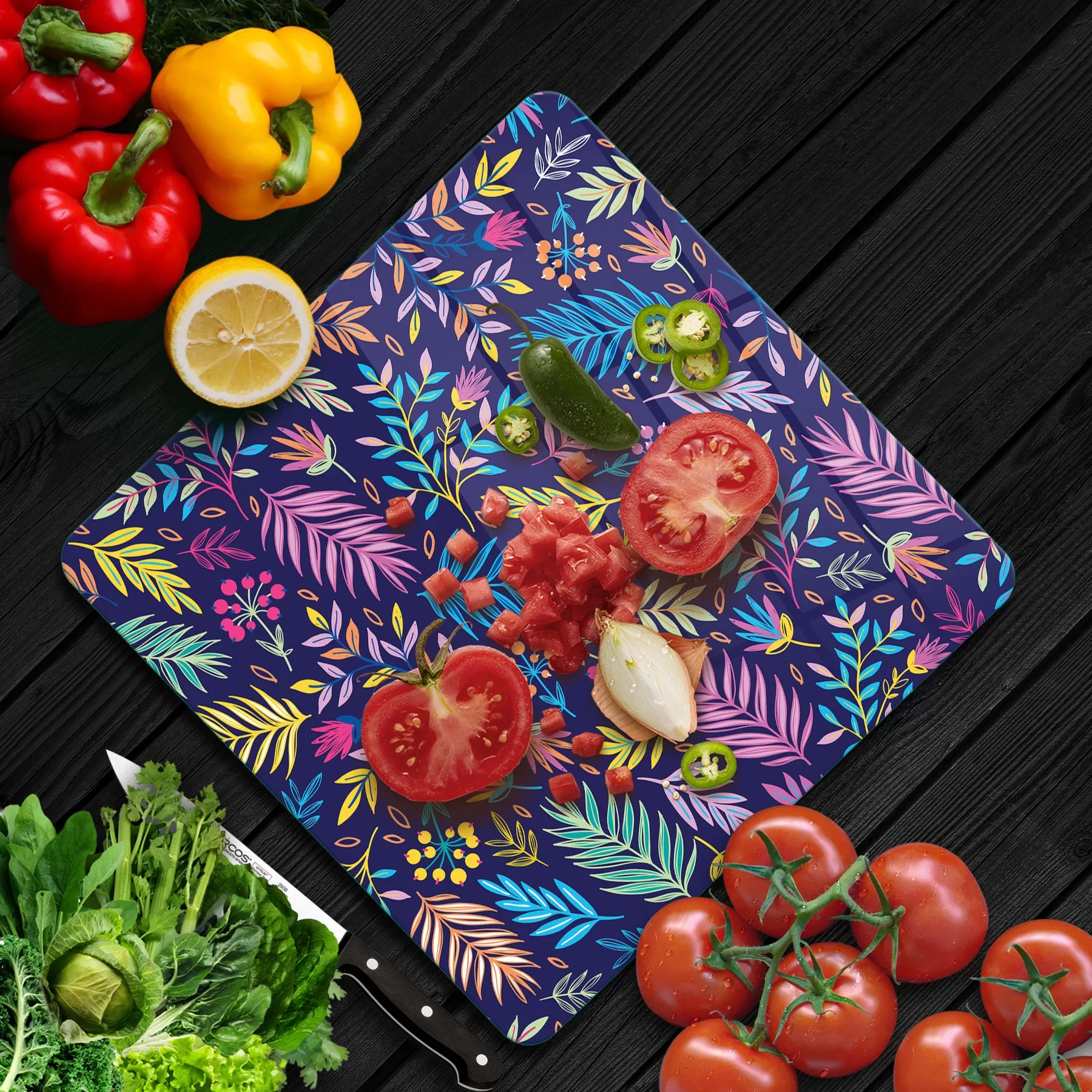 Picture of Decovetro Cam Kesme Tahtası ve Sunumluk Kare Renkli Yaprak Desenli 30x30 Cm