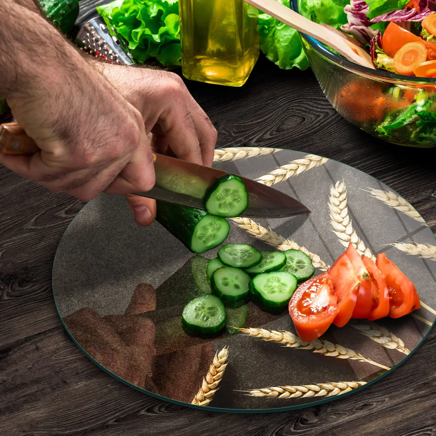 Picture of Decovetro Cam Kesme Tahtası ve Sunumluk Yuvarlak Burçak Desenli 30x30 Cm