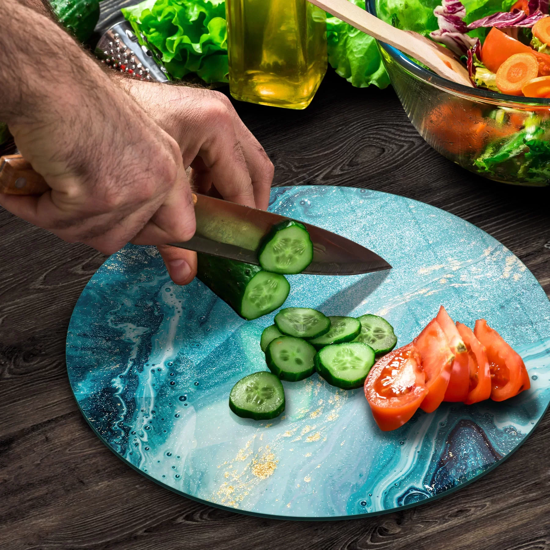 Picture of Decovetro Cam Kesme Tahtası ve Sunumluk Yuvarlak Mavi Mermer Desenli 30x30 Cm