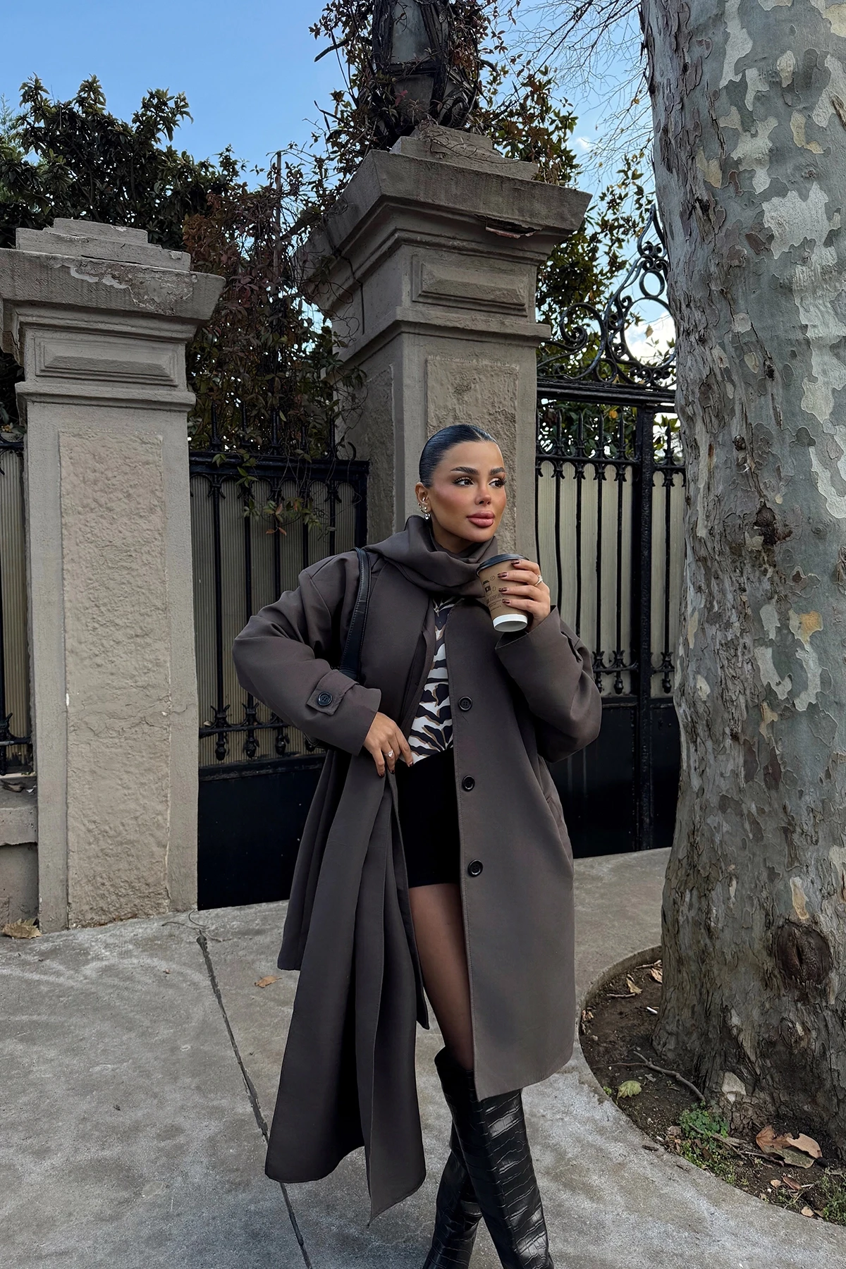 Picture of Brown Button Front Belt Detail Trench Coat