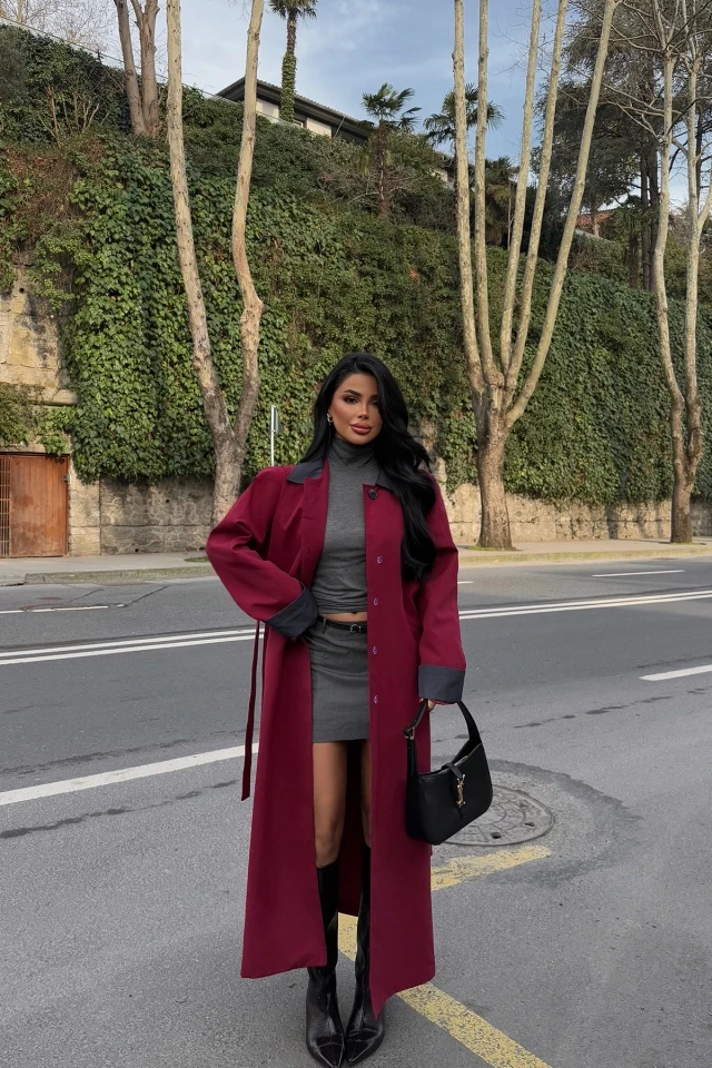Picture of Burgundy Shirt Collar Long Trench Coat