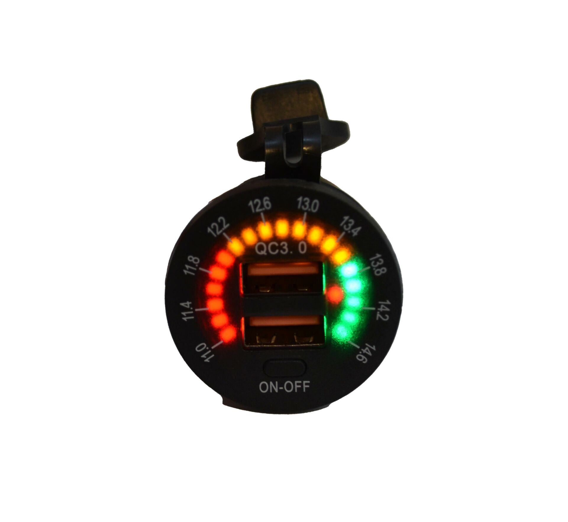 Picture of 12V 24V DC USB QC3.0 Şarj Port Kadran Voltmetreli Anahtarlı Yuvarlak MT-UP06