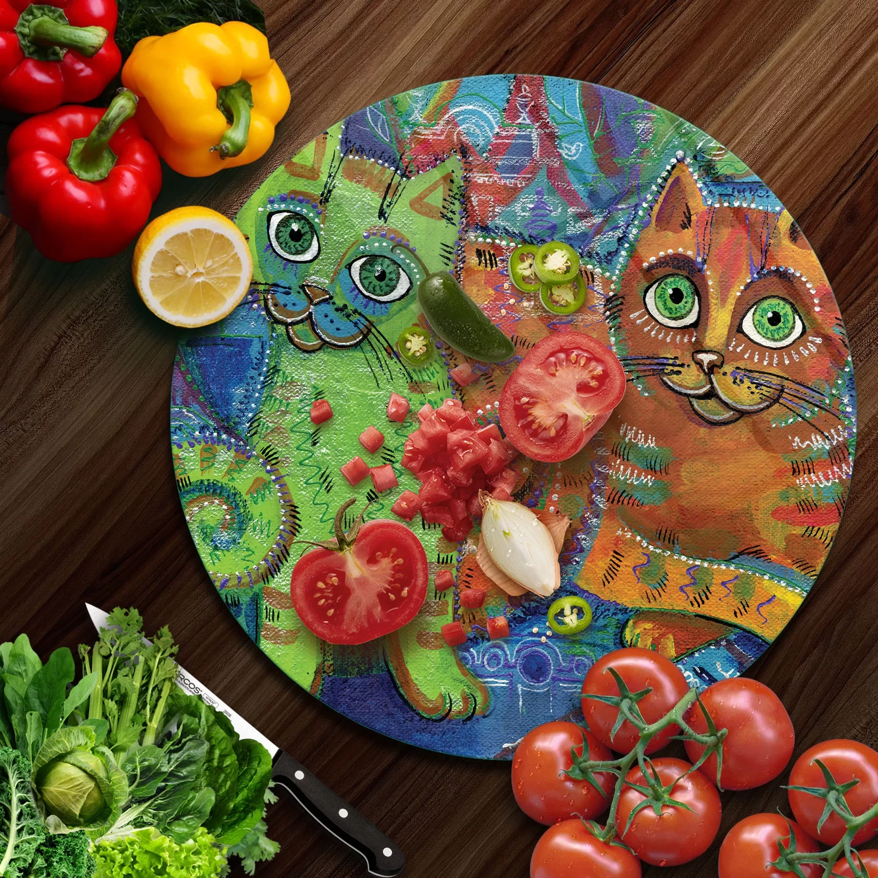 Picture of Decovetro Cam Kesme Tahtası ve Sunumluk Yuvarlak Kedi Desenli 30x30 Cm