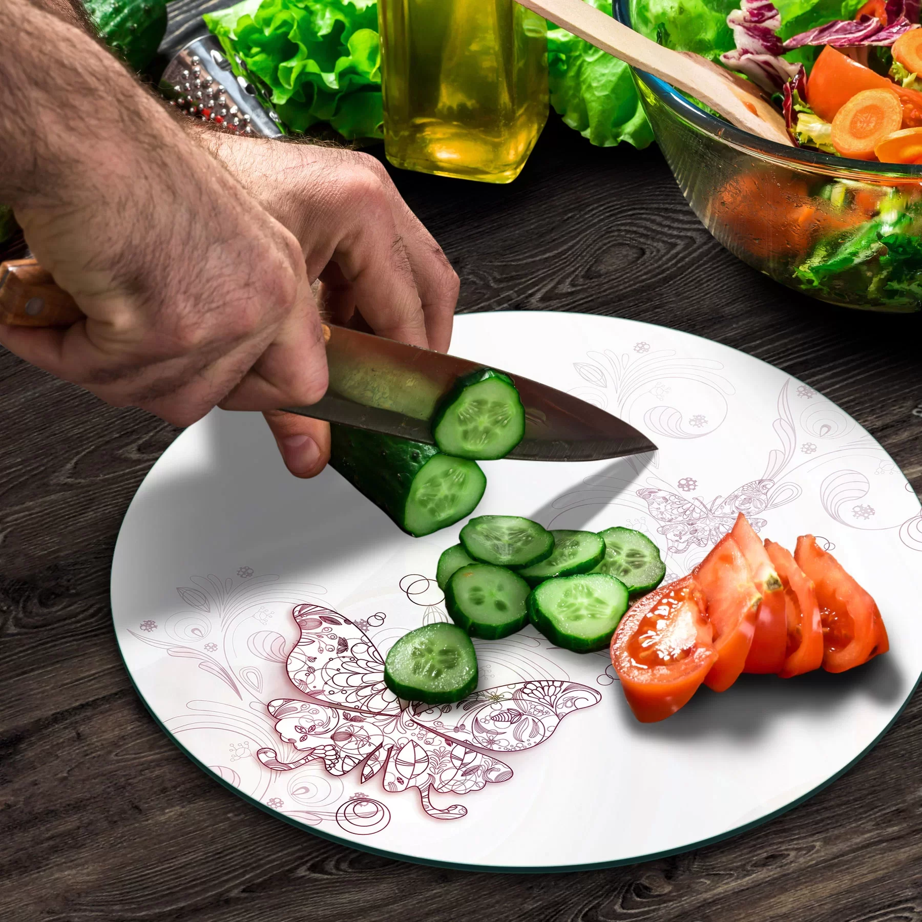 Picture of Decovetro Cam Kesme Tahtası ve Sunumluk Yuvarlak Vintage Kelebek Desenli 30x30 Cm