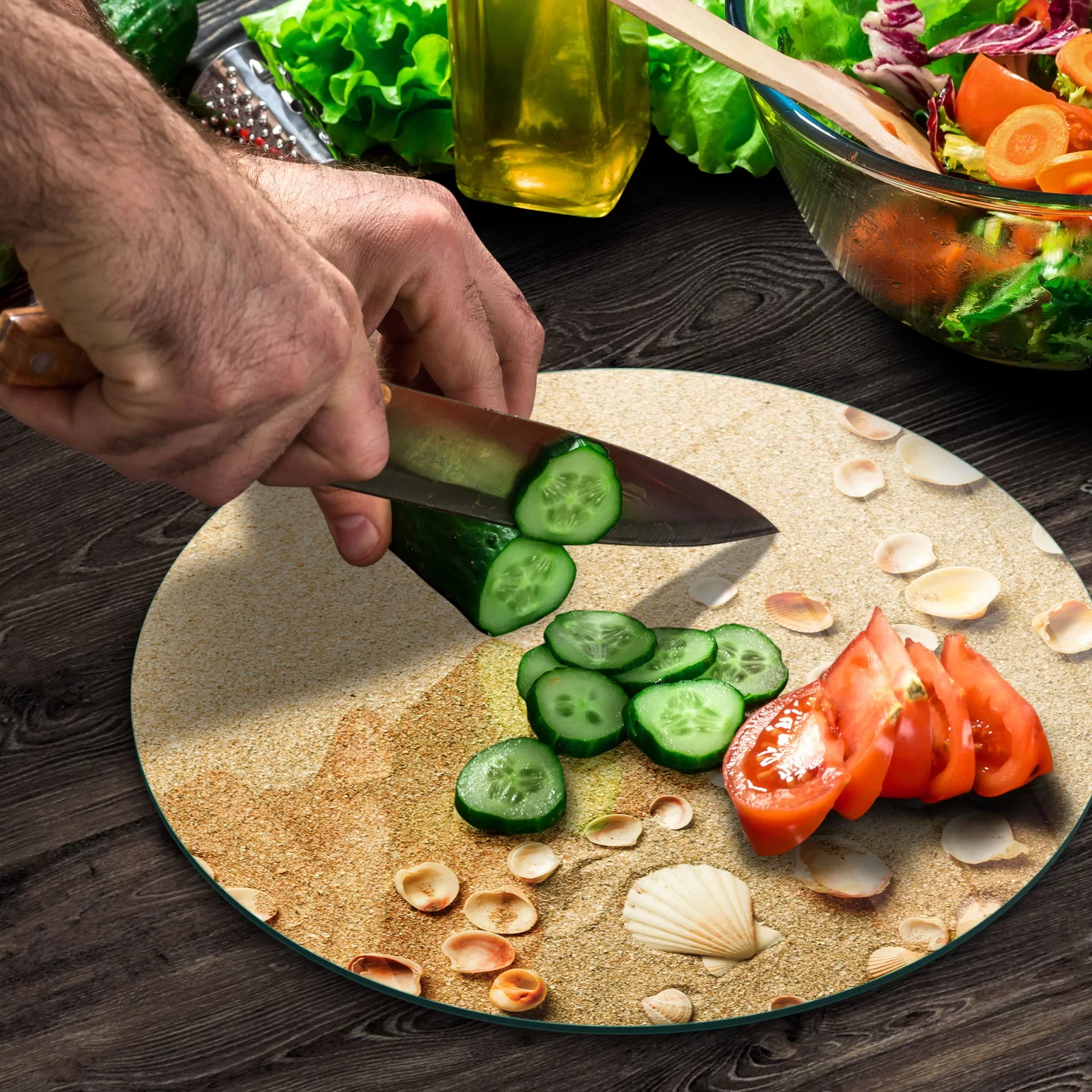 Picture of Decovetro Cam Kesme Tahtası ve Sunumluk Yuvarlak Deniz Kabuğu Desenli 30x30 Cm