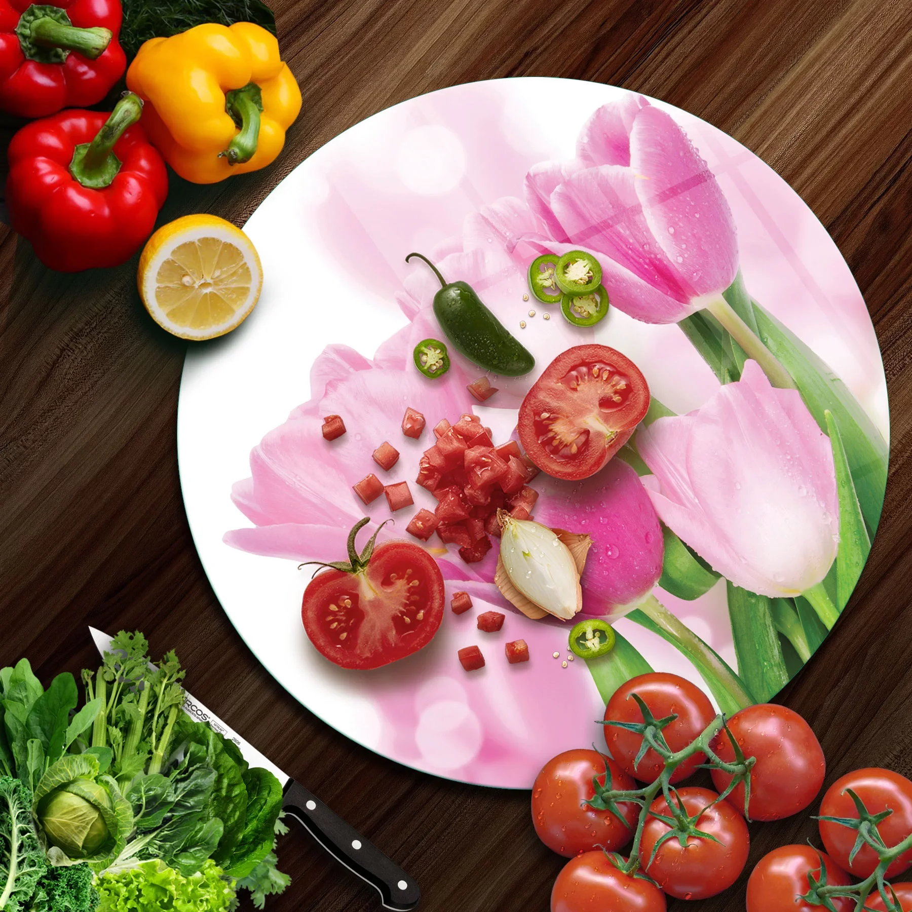 Picture of Decovetro Cam Kesme Tahtası ve Sunumluk Yuvarlak Lale Desenli 30x30 Cm