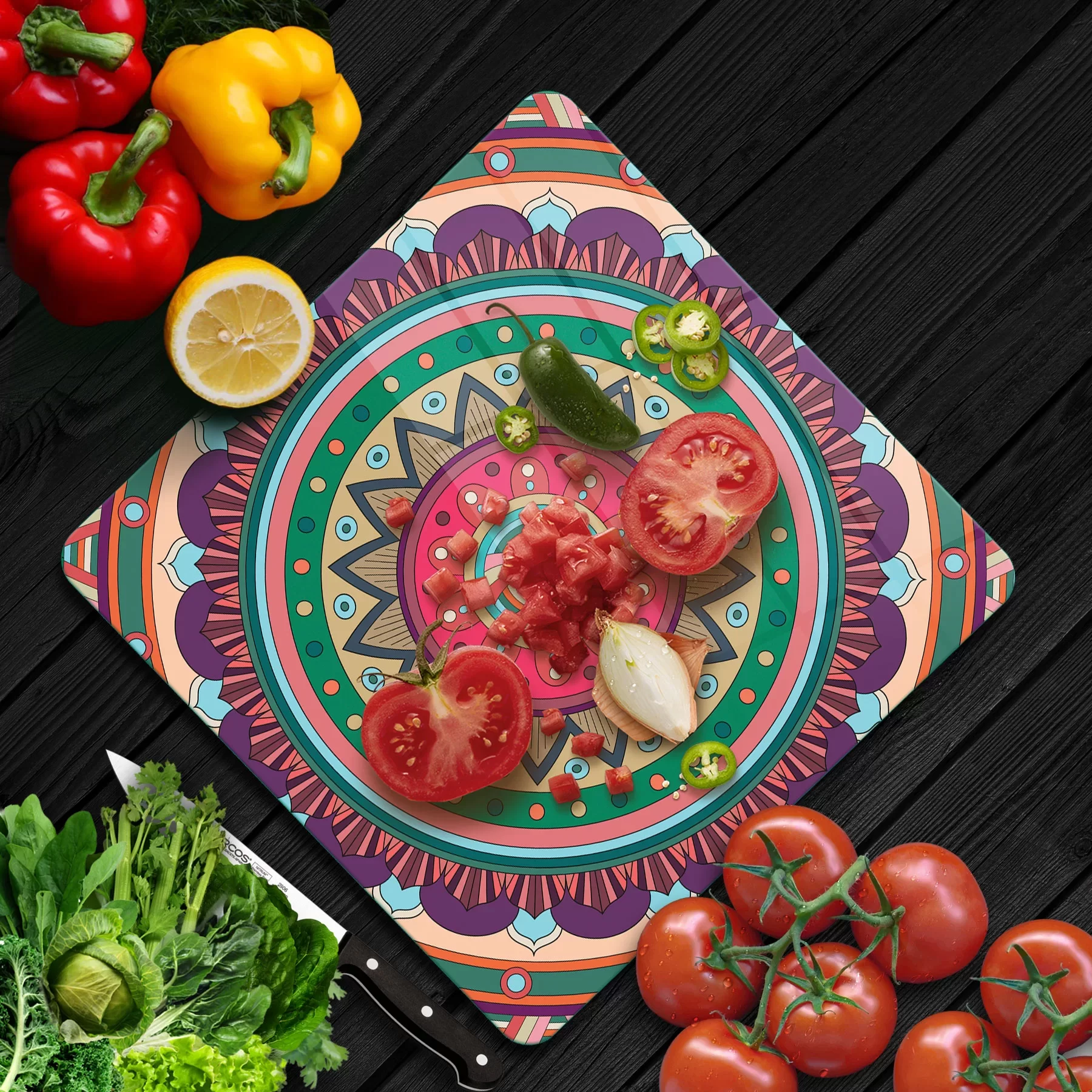 Picture of Decovetro Cam Kesme Tahtası ve Sunumluk Kare Mandala 5 Desenli 30x30 Cm