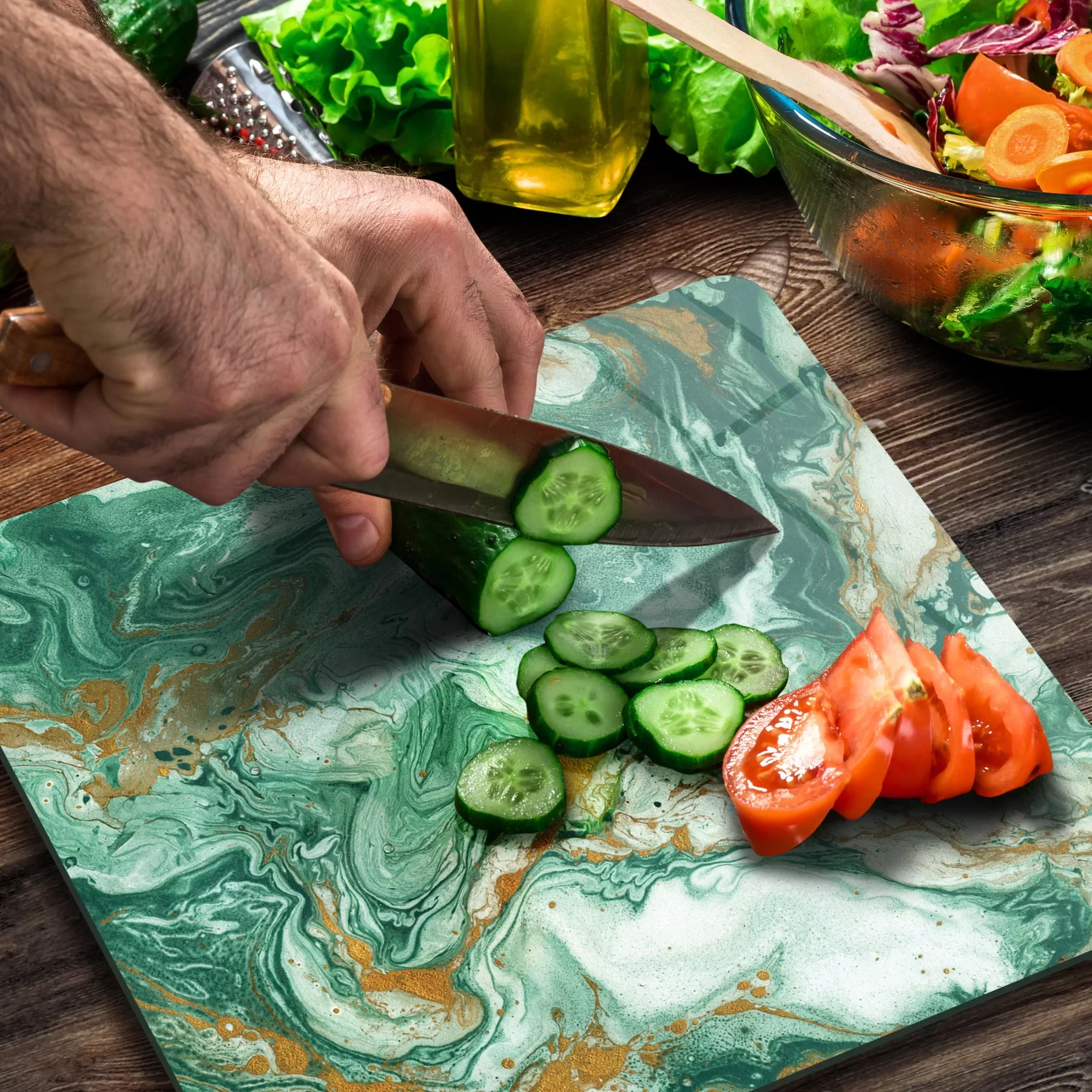 Picture of Decovetro Cam Kesme Tahtası ve Sunumluk Kare Yeşil Gold Mermer Desenli 30x30 Cm