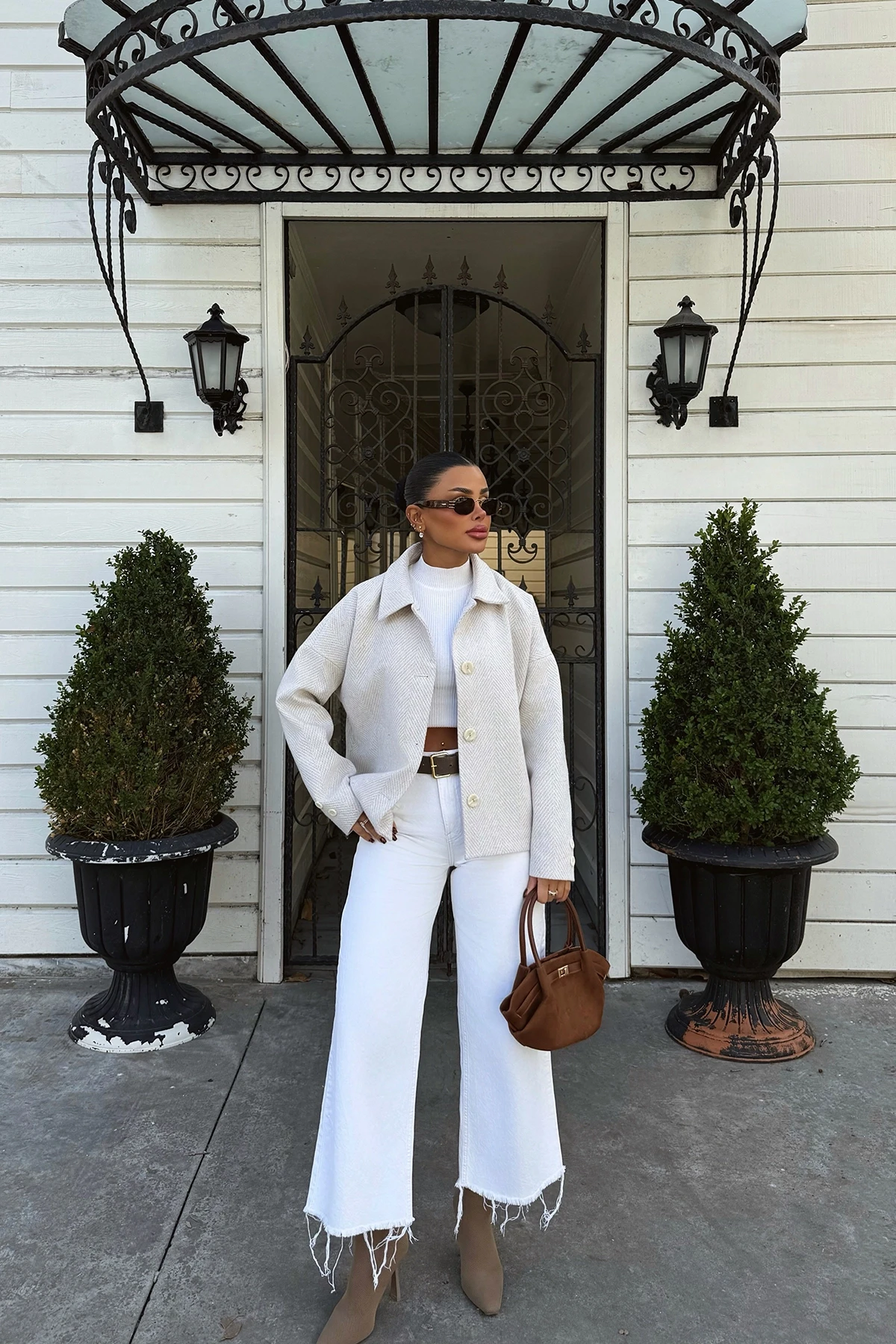 Picture of Cream Pocket Detail Double Breasted Collar Jacket