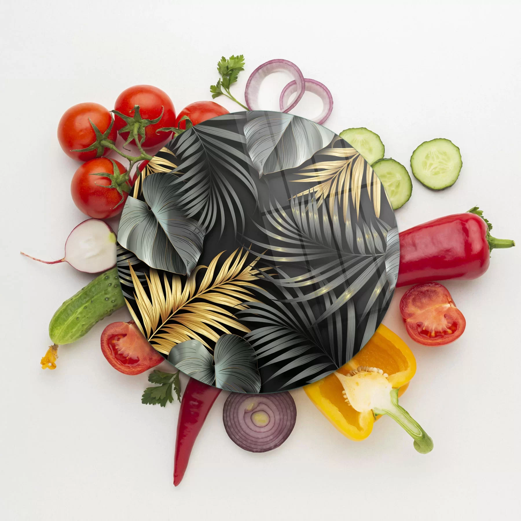 Picture of Decovetro Cam Kesme Tahtası ve Sunumluk Yuvarlak Tropik Yaprak Desenli 30x30 Cm