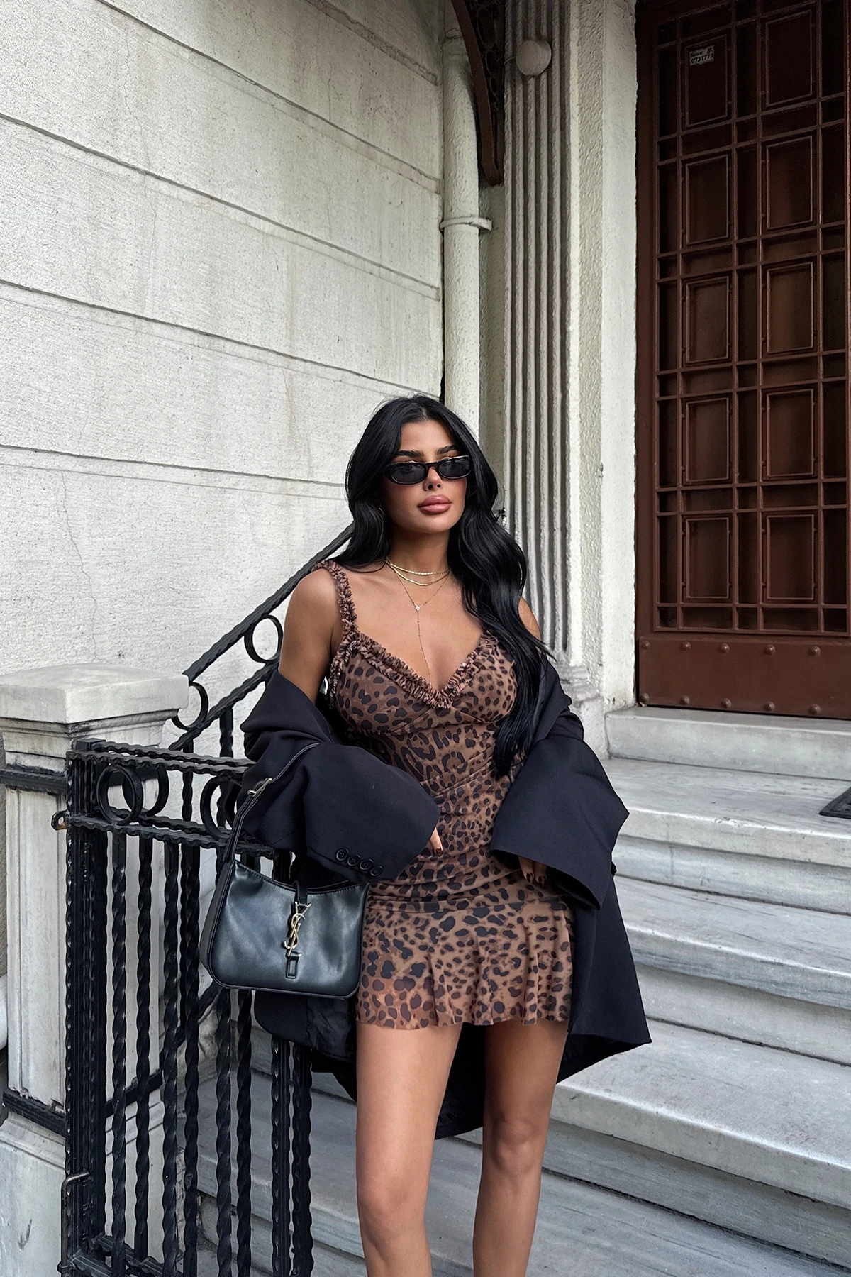 Picture of Brown Zadie Leopard Patterned Mini Tulle Dress