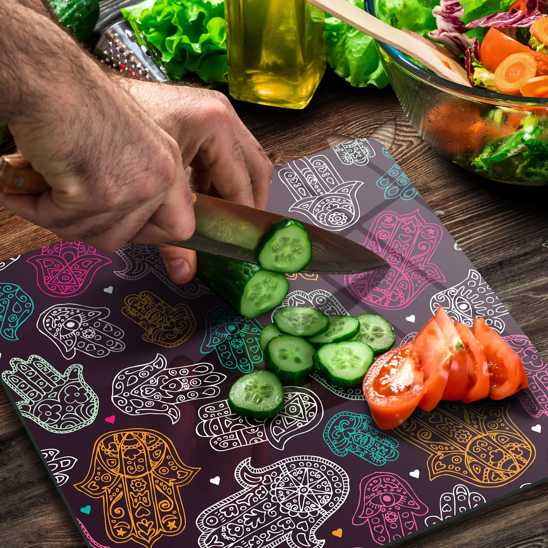 Picture of Decovetro Cam Kesme Tahtası ve Sunumluk Kare Hamsa Desenli 30x30 Cm