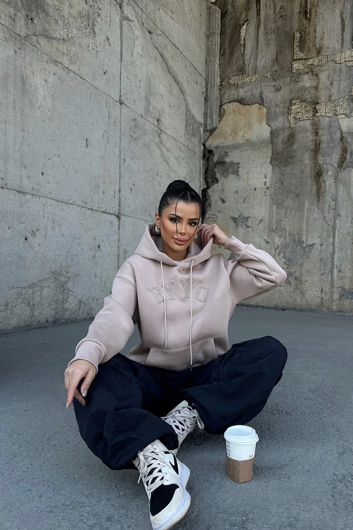 Picture of Beige Eyyo Embroidered Hooded Sweat