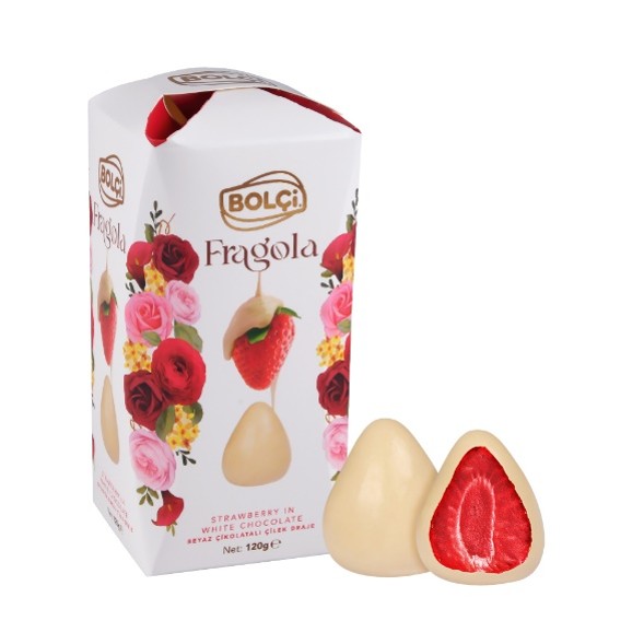 Picture of WHITE CHOCOLATE COVERED WHOLE STRAWBERRY DRAGEE 120g
