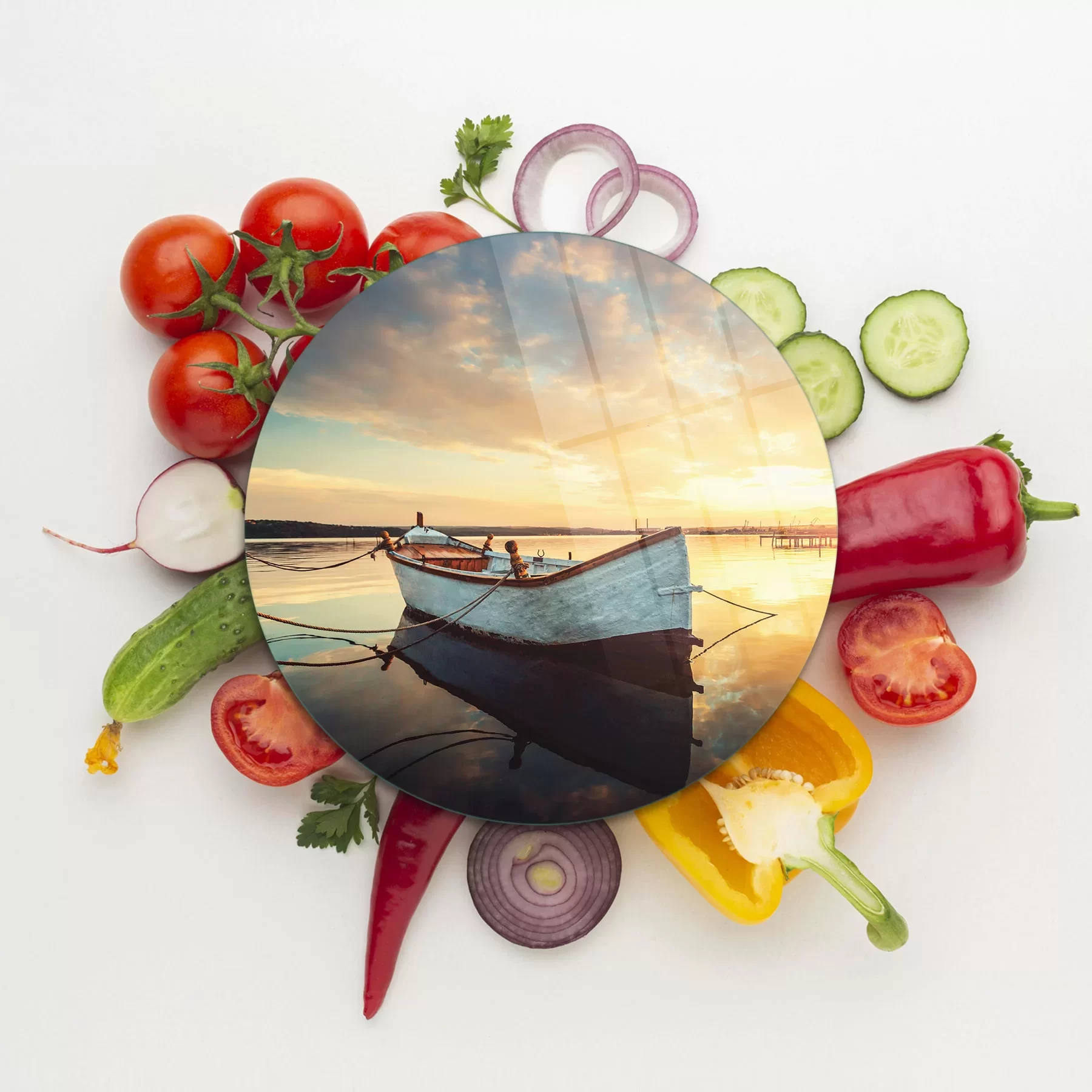 Picture of Decovetro Cam Kesme Tahtası ve Sunumluk Yuvarlak Kayık Desenli 30x30 Cm