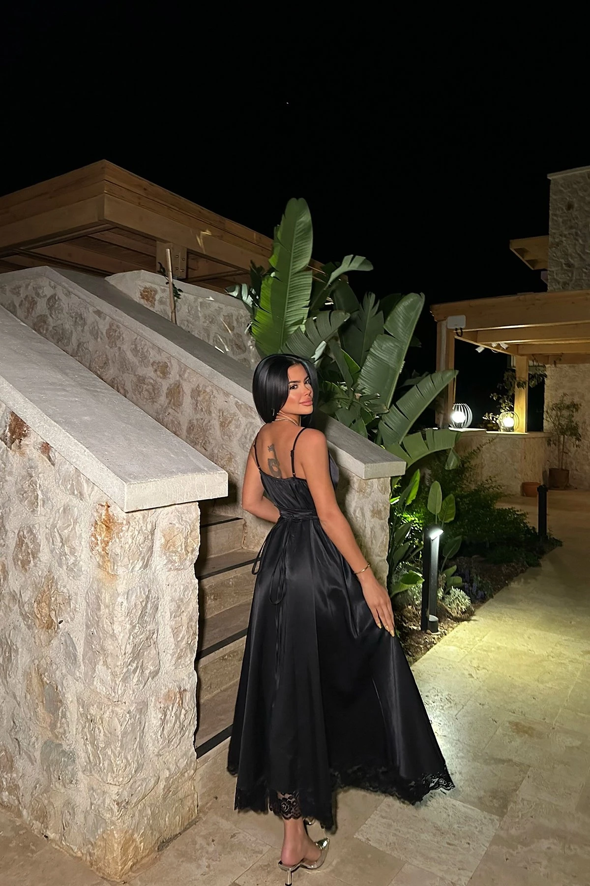 Picture of Black Giules Satin Long Dress with Lace Detail on the Hem