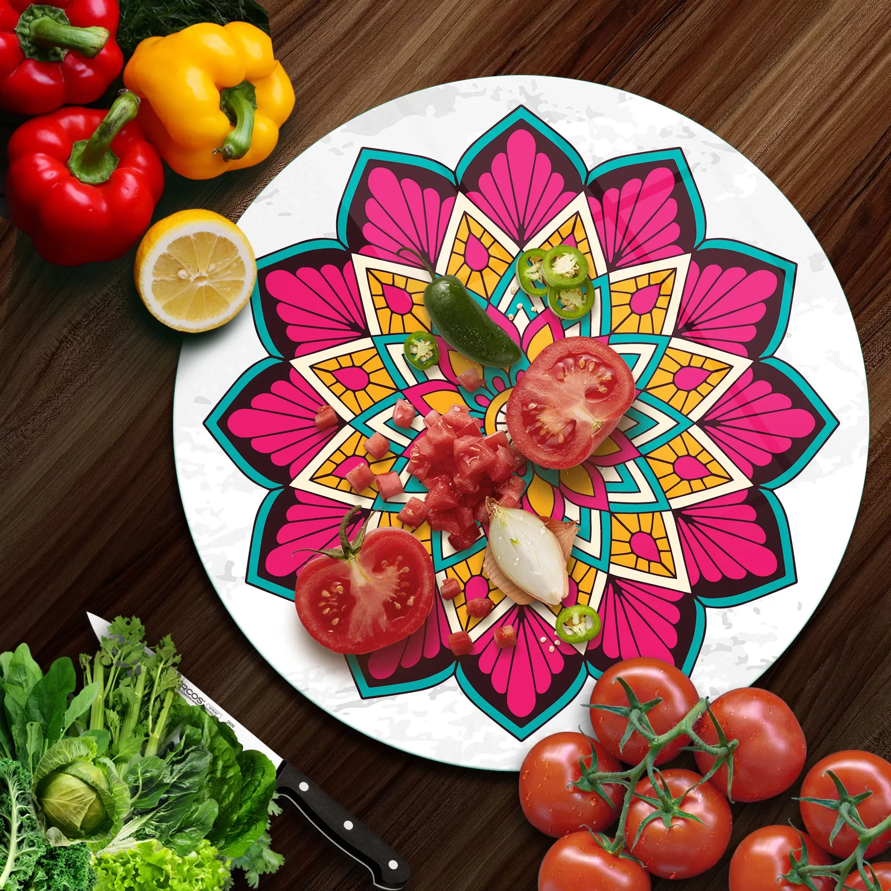 Picture of Decovetro Cam Kesme Tahtası ve Sunumluk Yuvarlak Mandala Desenli 30x30 Cm