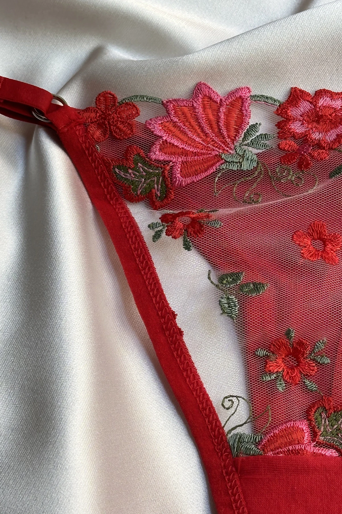 Picture of Red Flower Detail Tulle Lingerie