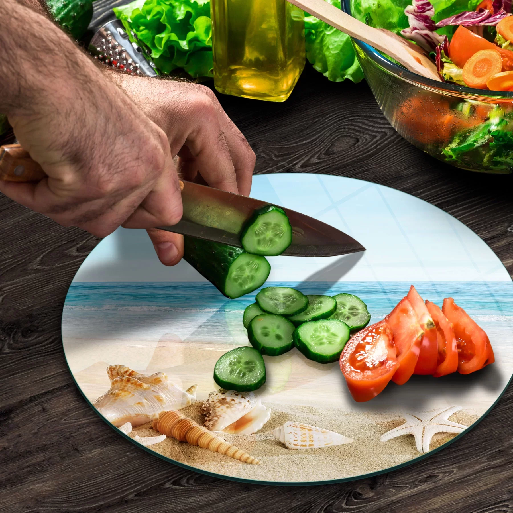 Picture of Decovetro Cam Kesme Tahtası ve Sunumluk Yuvarlak Sahil Deniz Yıldızı Desenli 30x30 Cm