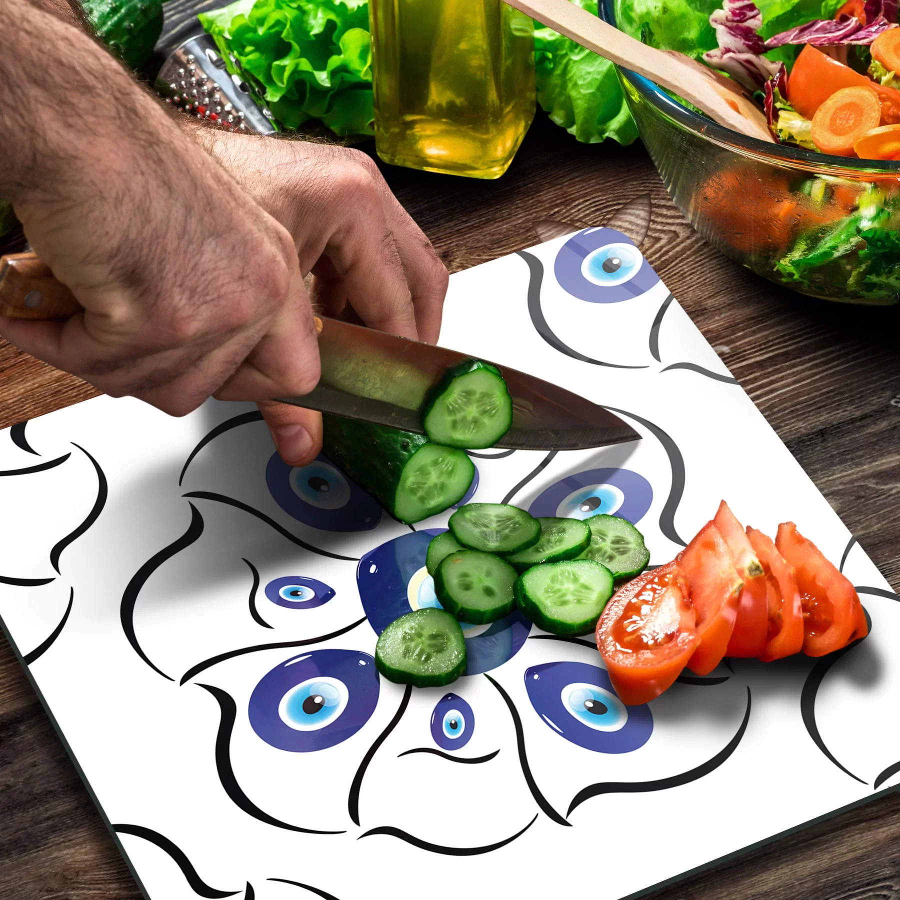 Picture of Decovetro Cam Kesme Tahtası ve Sunumluk Kare Nazar Çiçekleri Desenli 30x30 Cm