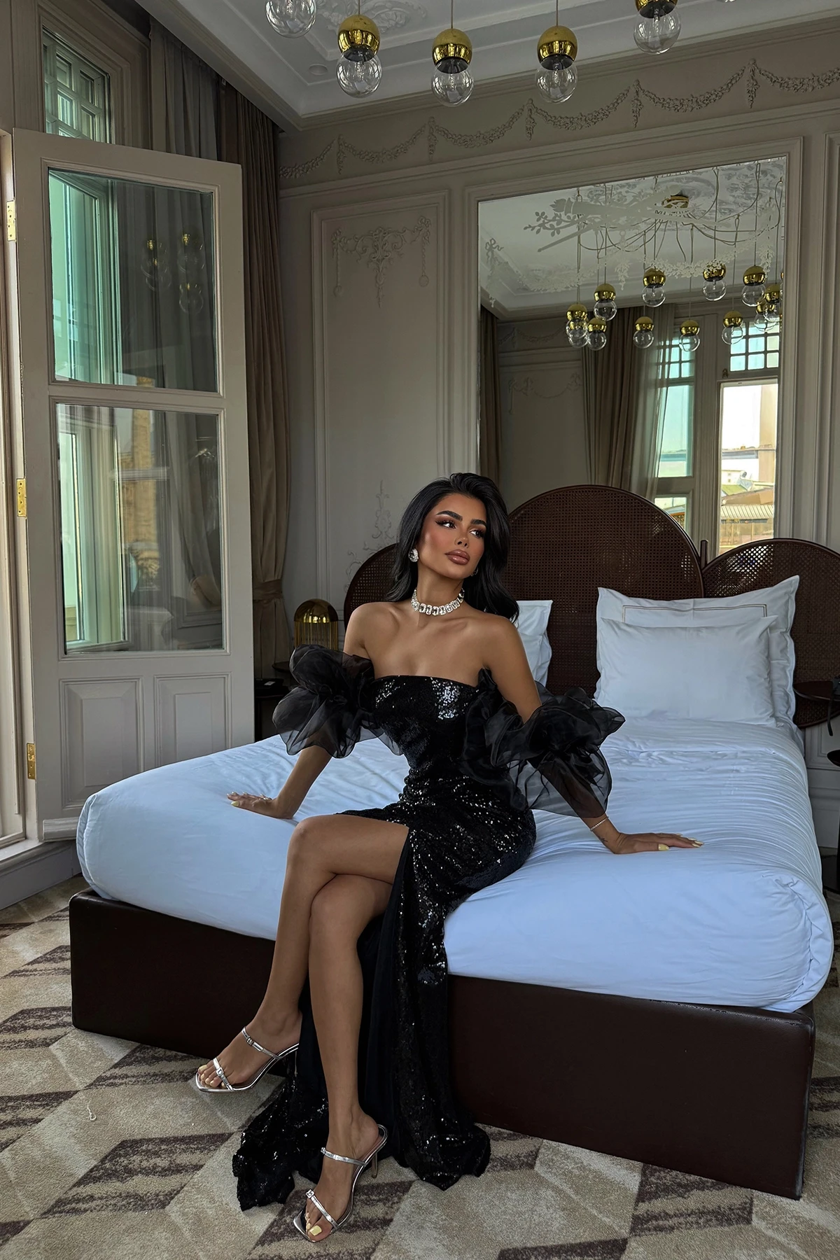 Picture of Black Strap Slit Detail Evening Dress