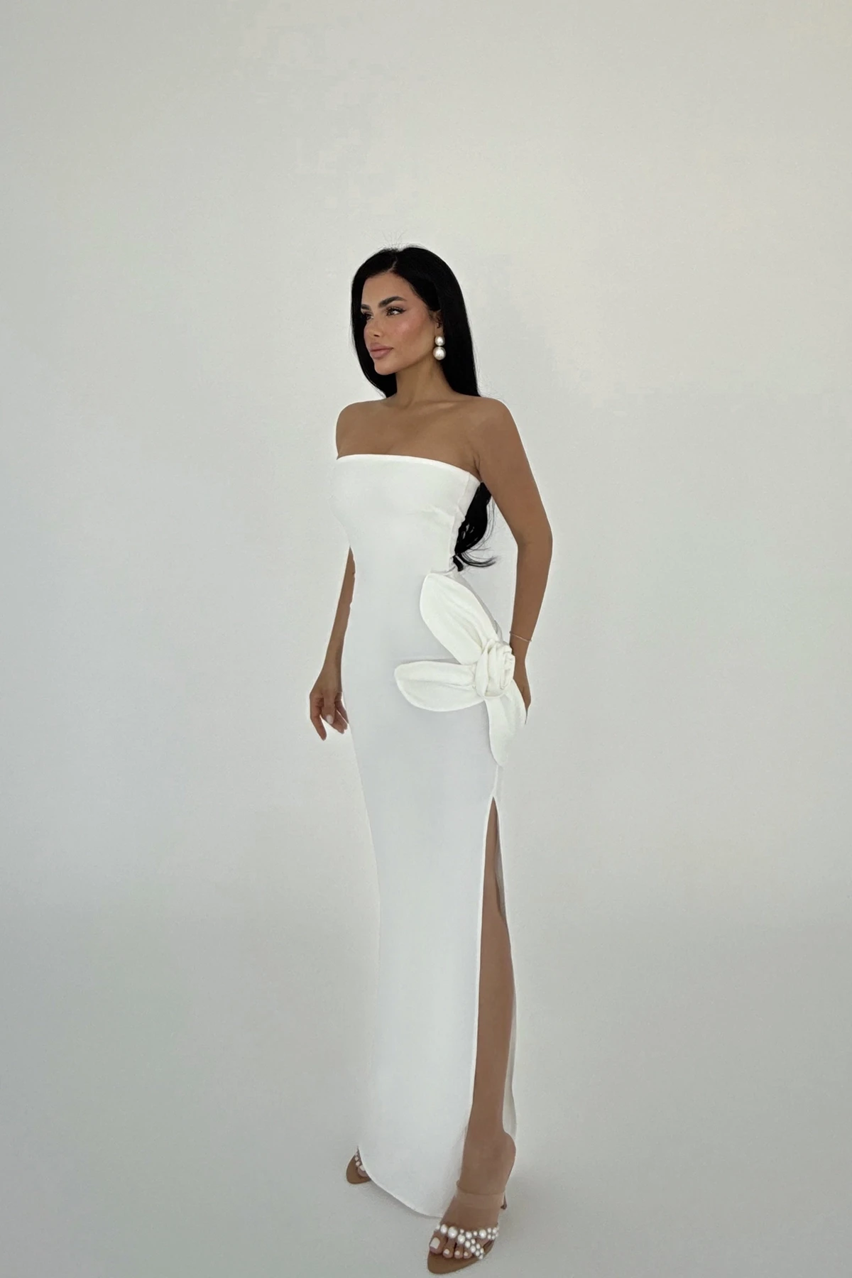 Picture of White Rose Detail Strapless Dress