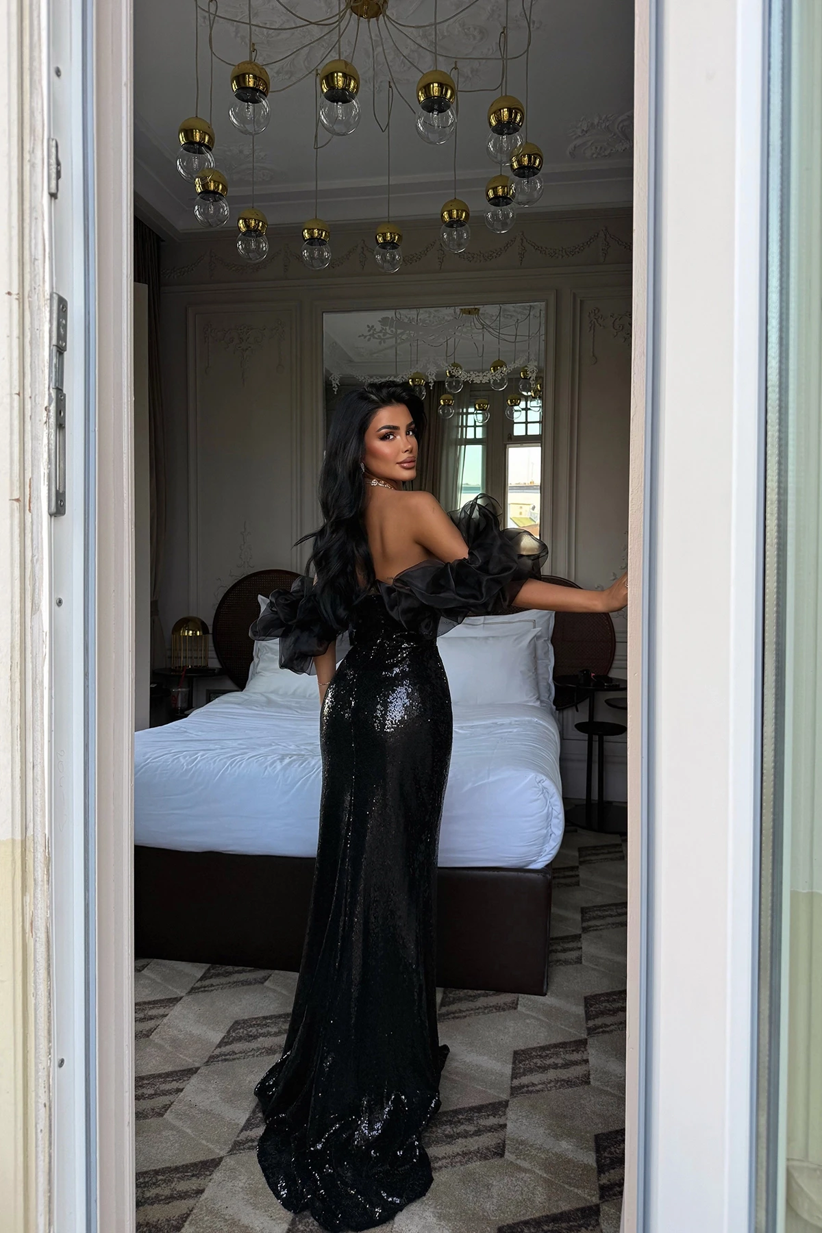 Picture of Black Strap Slit Detail Evening Dress